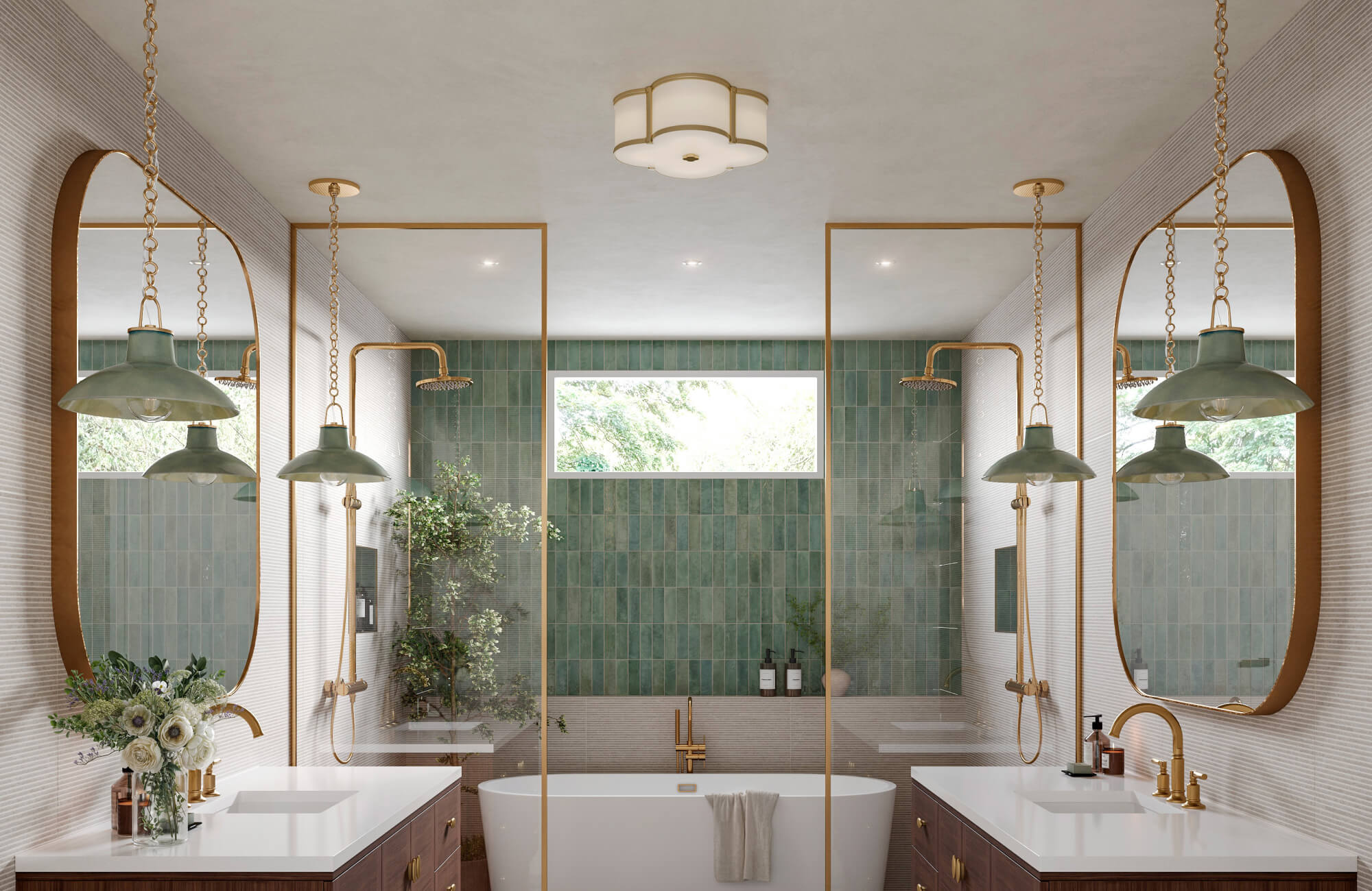 Modern bathroom with double vanities, gold fixtures, green tiled shower wall, and pendant lights framing a freestanding tub.