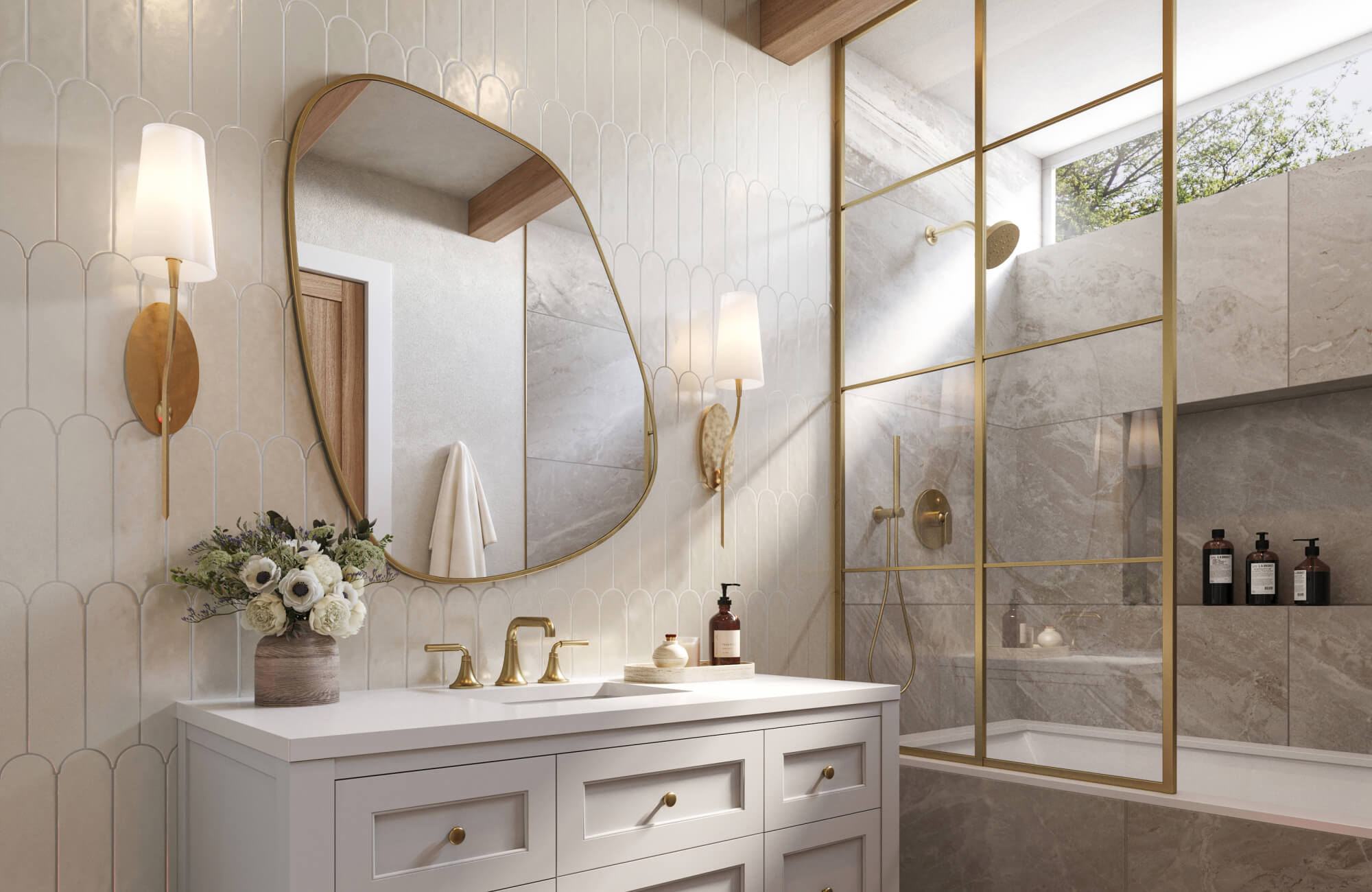 Luxurious bathroom design featuring gold fixtures, a modern mirror, and warm wall lighting above a sleek vanity.