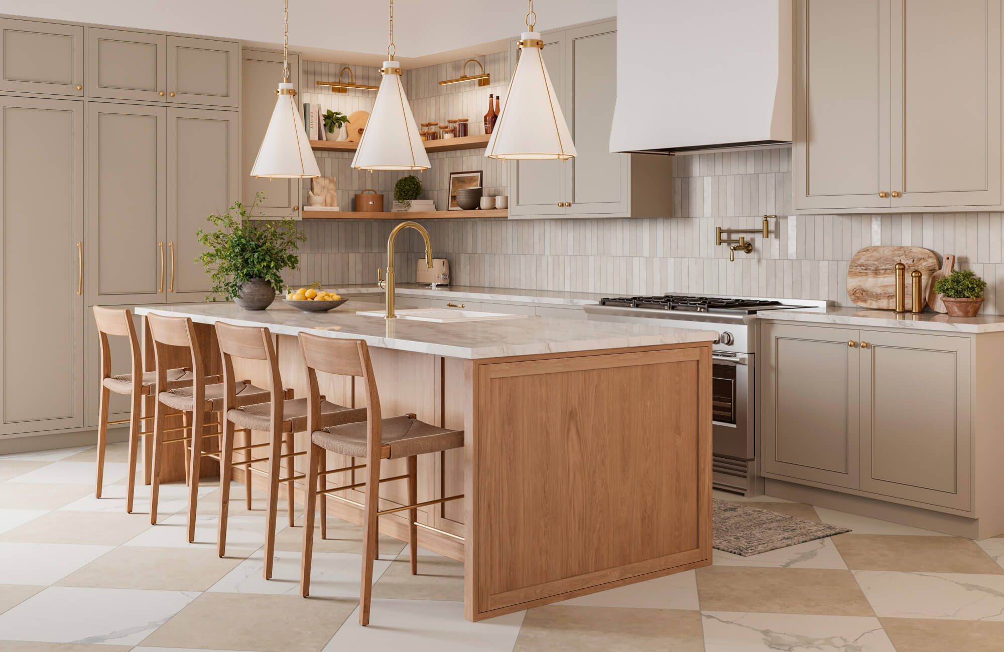 Modern kitchen featuring a marble-topped island, warm wood accents, and elegant pendant lights above seating.