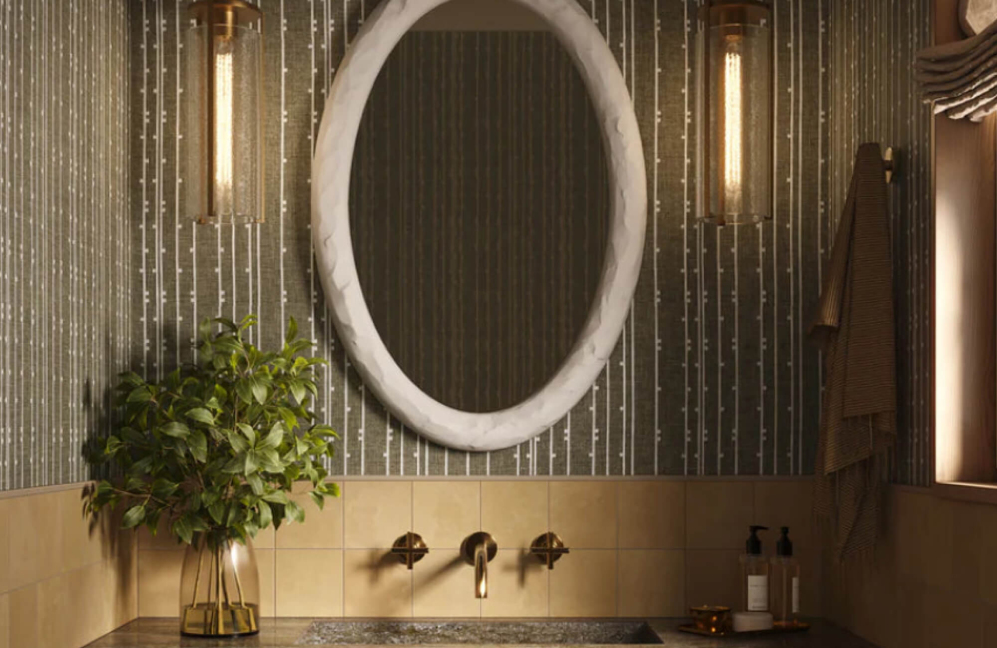 null Dark striped wallpaper layered above warm beige square tile gives this moody bathroom added depth and vertical rhythm, while the marble mirror and brass sconces soften the look with refined contrast.