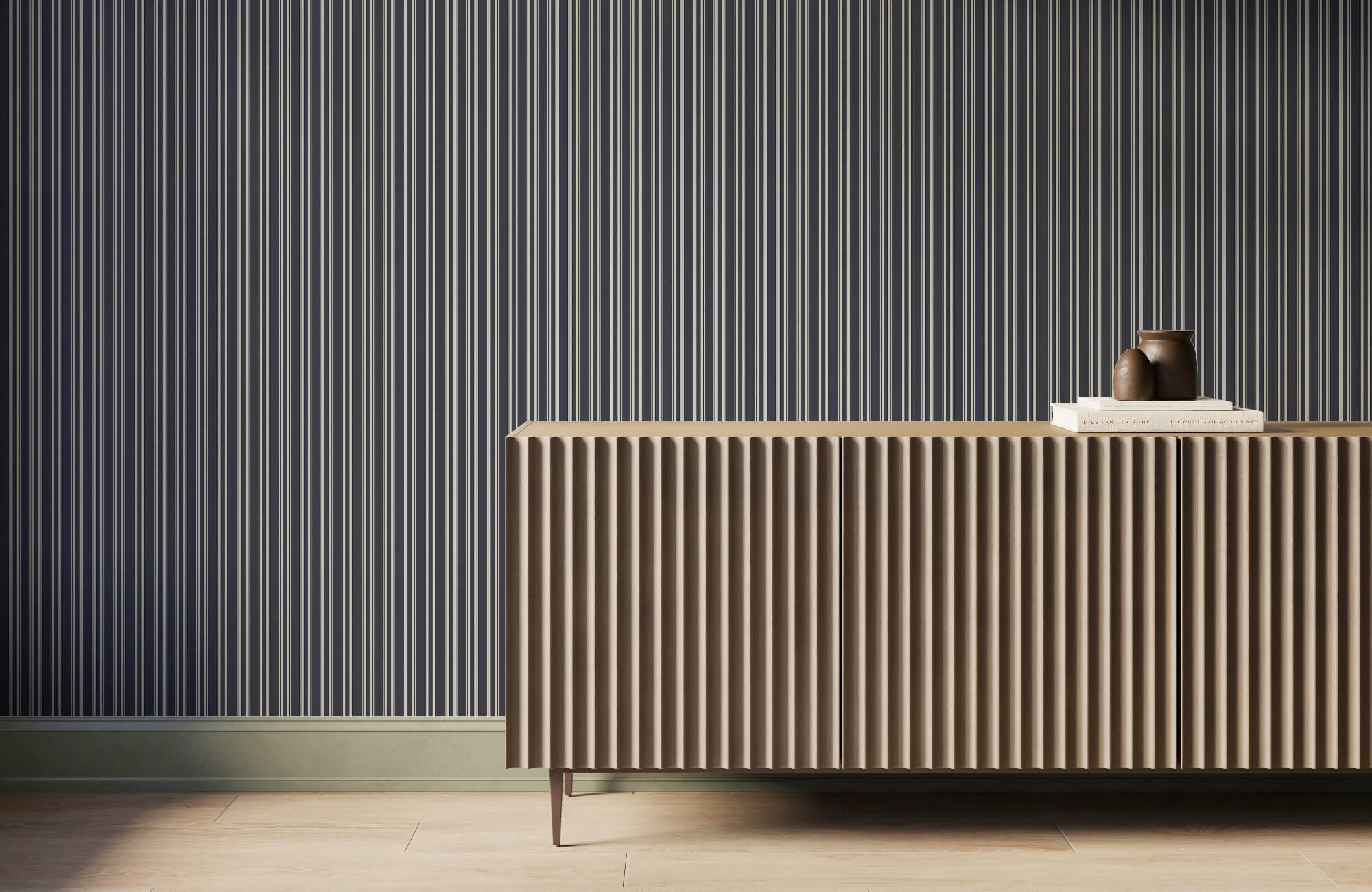 null Contemporary interior featuring navy and ivory striped wallpaper paired with a fluted taupe sideboard, light wood flooring, and minimalist decor accents for a clean, modern aesthetic.