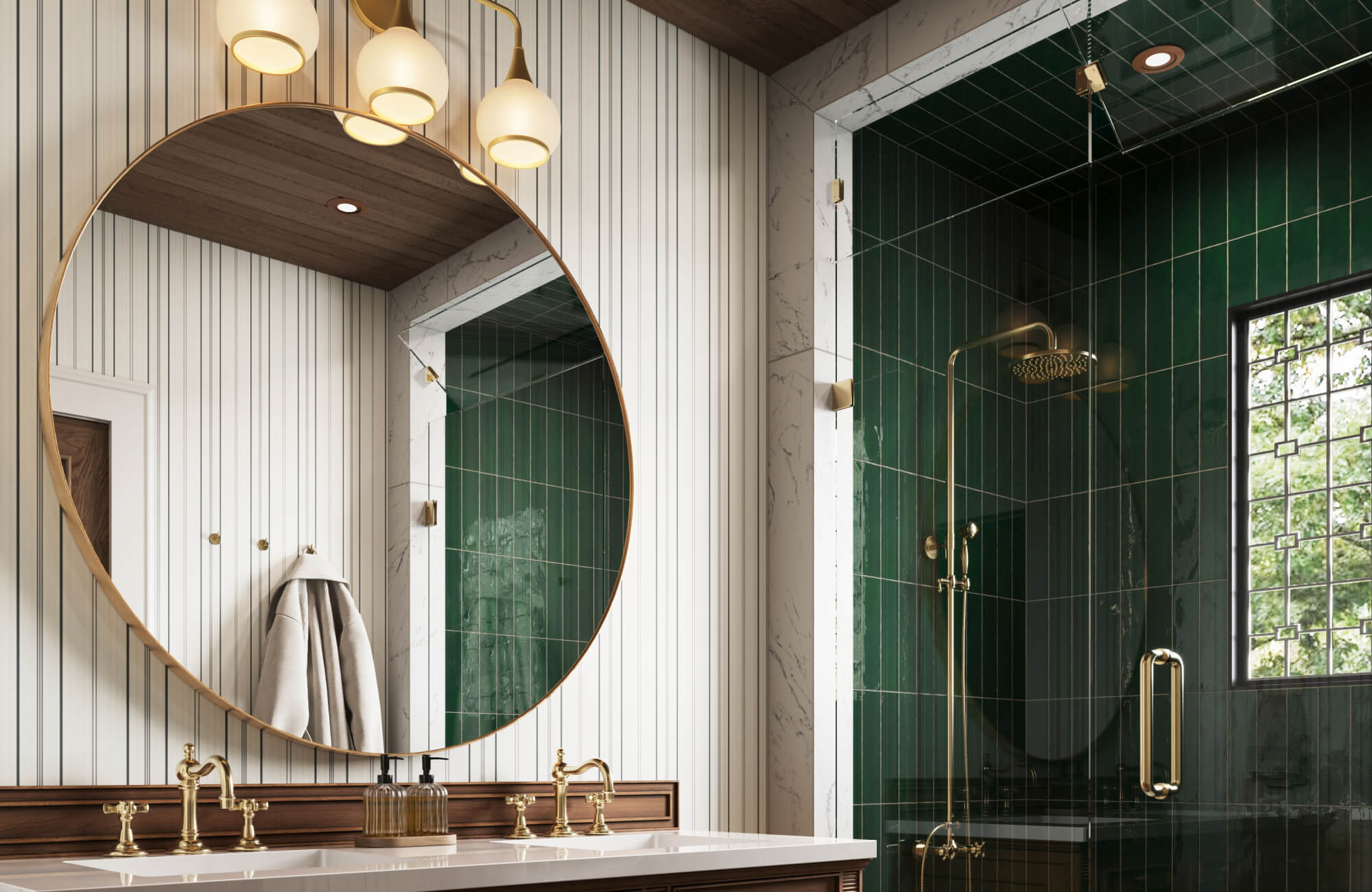 null Contemporary bathroom with vertical striped wallpaper, an oversized round brass mirror, globe vanity lights, brass faucets, marble trim, and a deep green tiled walk-in shower enclosed in glass.