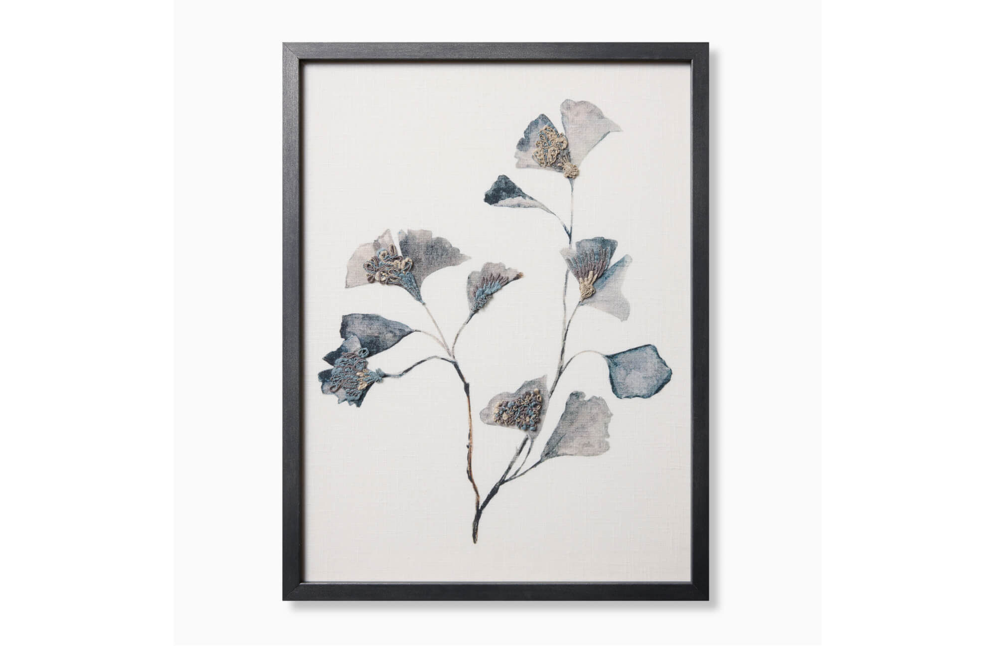 Framed botanical wall art featuring delicate blue and gray florals on a soft neutral background.