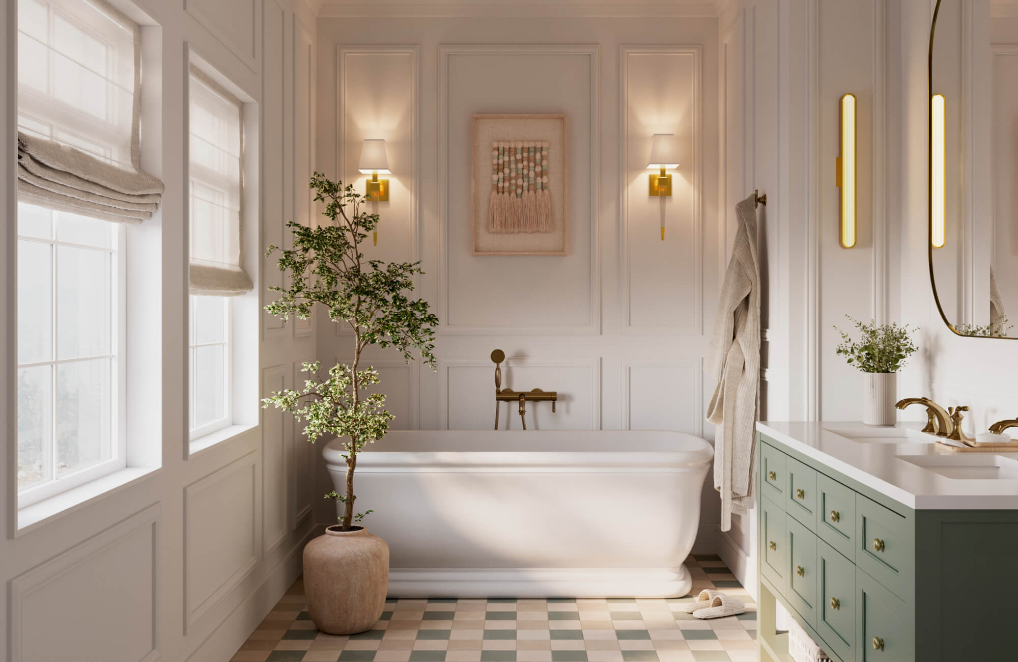 Bright classic bathroom with freestanding tub, sage green vanity, framed wall art, and soft checkerboard floor tiles.