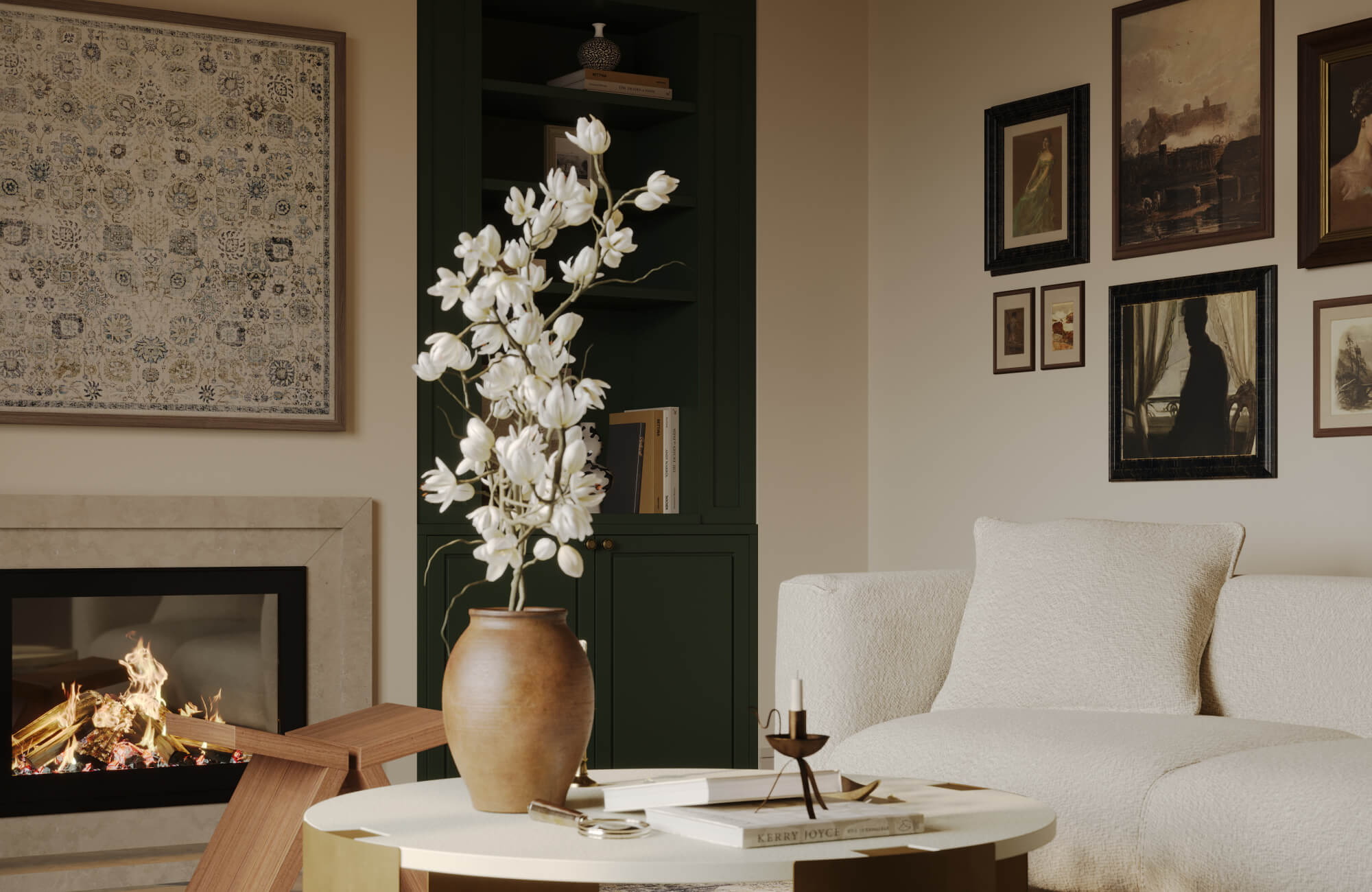 Elegant living room with dark green built-ins, framed gallery wall art, and warm stone fireplace surround.