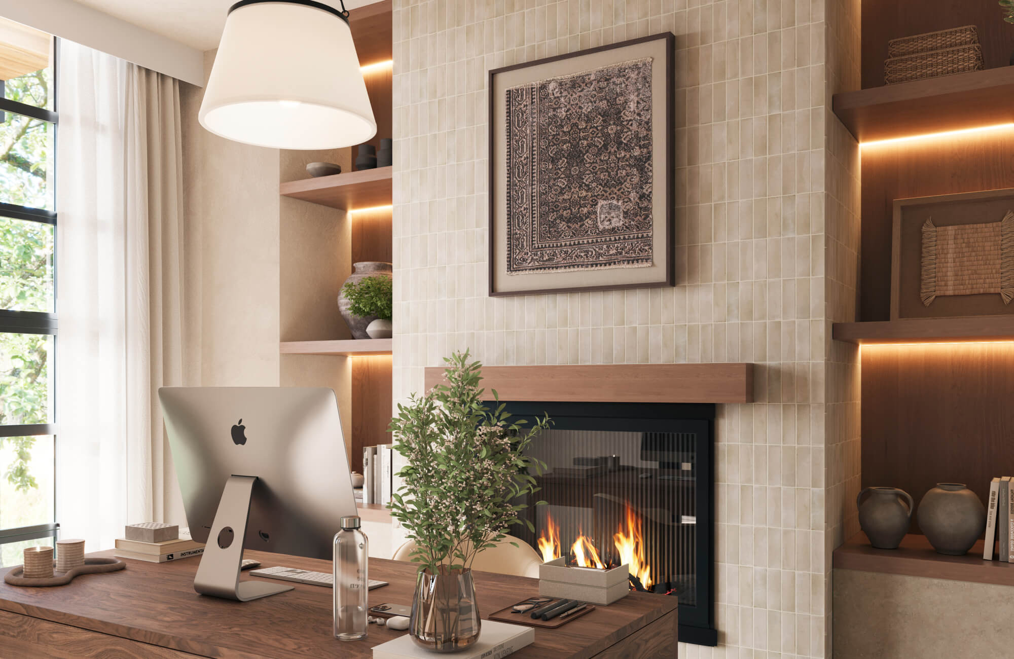 Cozy home office with beige vertical subway tile fireplace, warm wood shelving, pendant light and framed textile wall art.