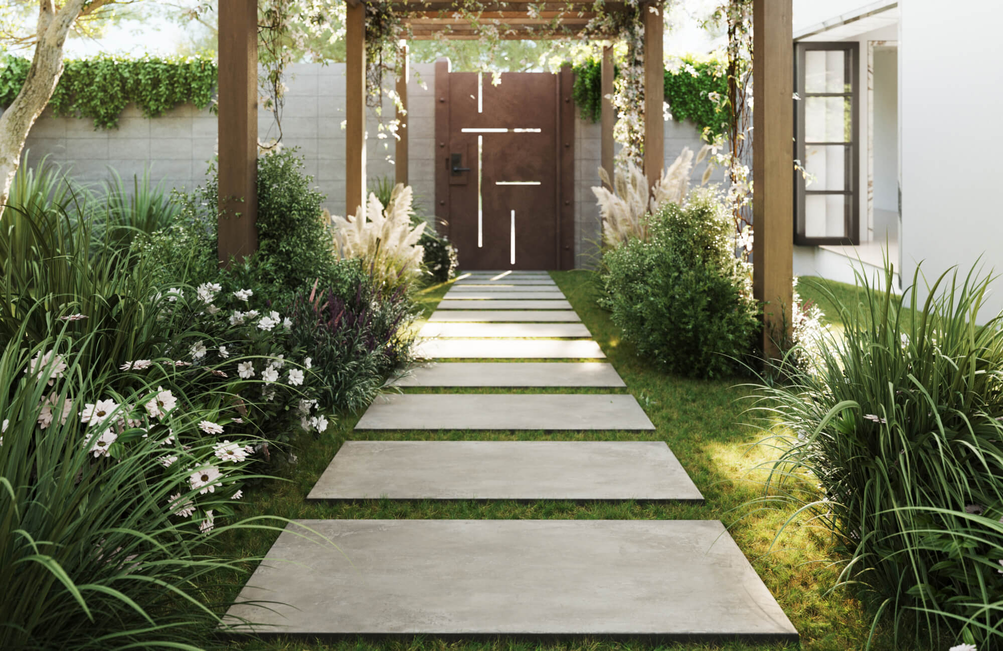 null Modern garden walkway with large rectangular paver tiles set in grass, framed by lush greenery and a wooden pergola leading to a metal gate.