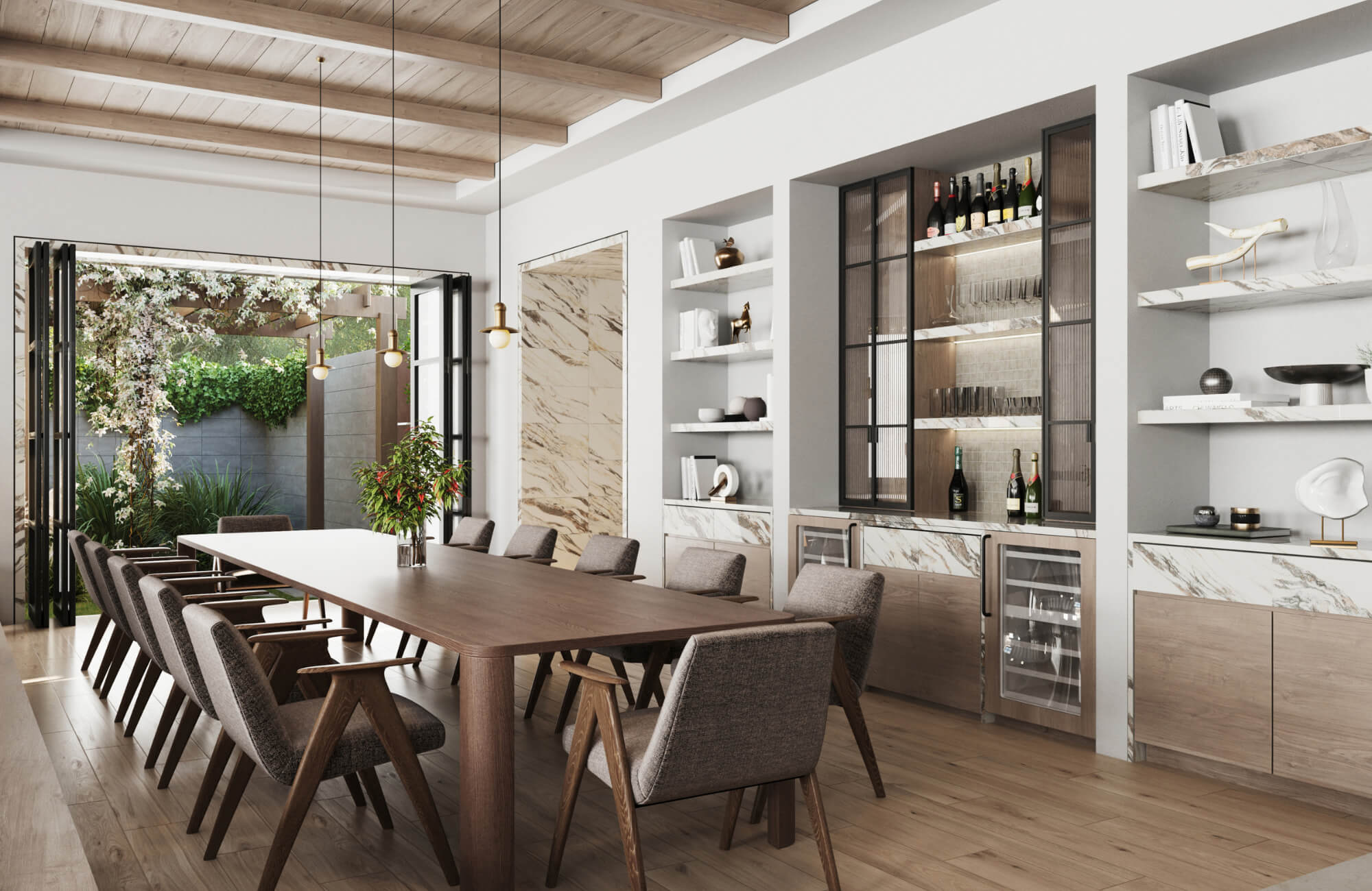 null Contemporary dining room with wood look tile flooring, marble accents, and open folding doors leading to a lush, landscaped garden.