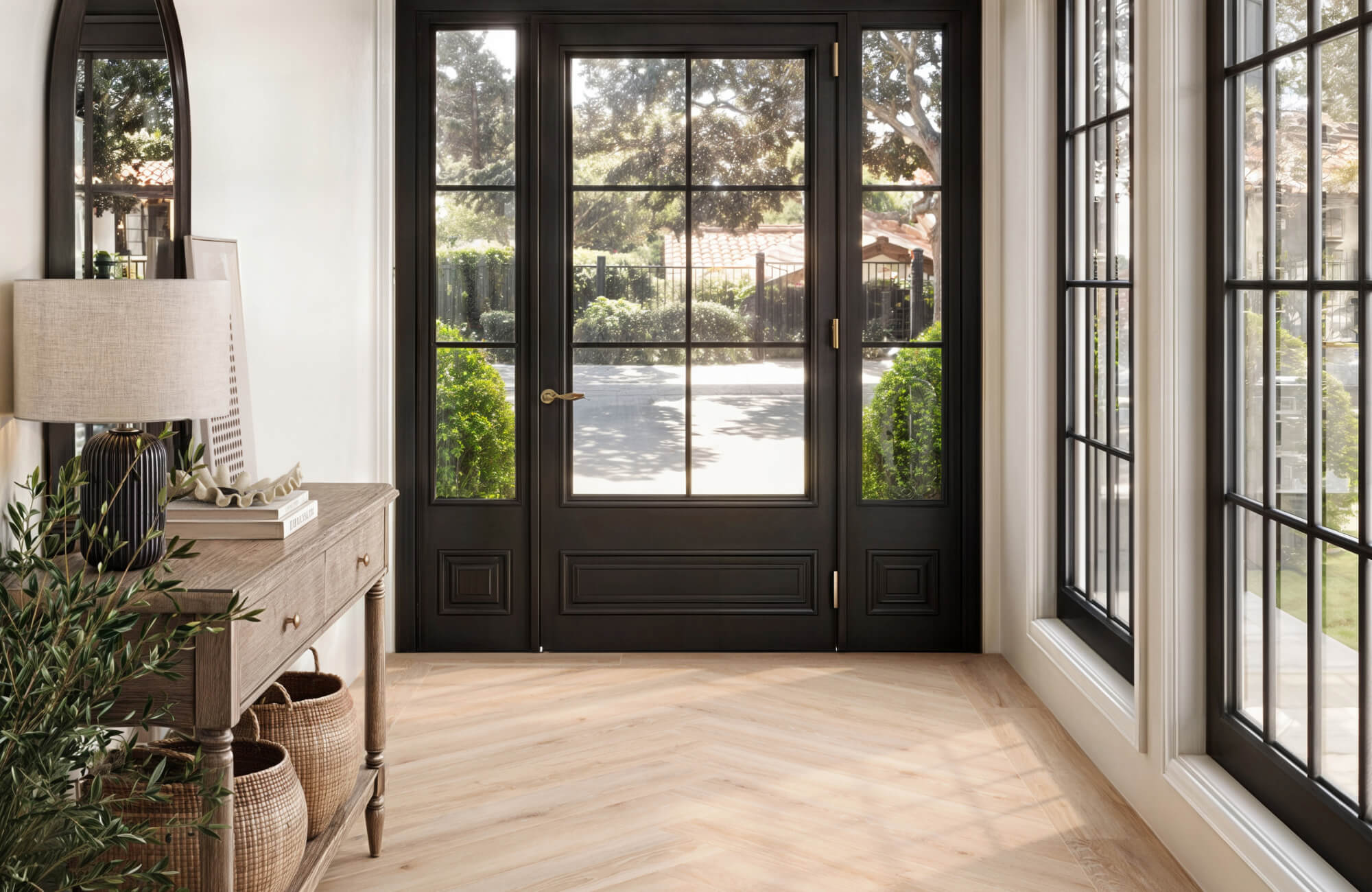 null Bright entryway with chevron-pattern wood look tile flooring, a black framed glass door, and natural light streaming through large windows.