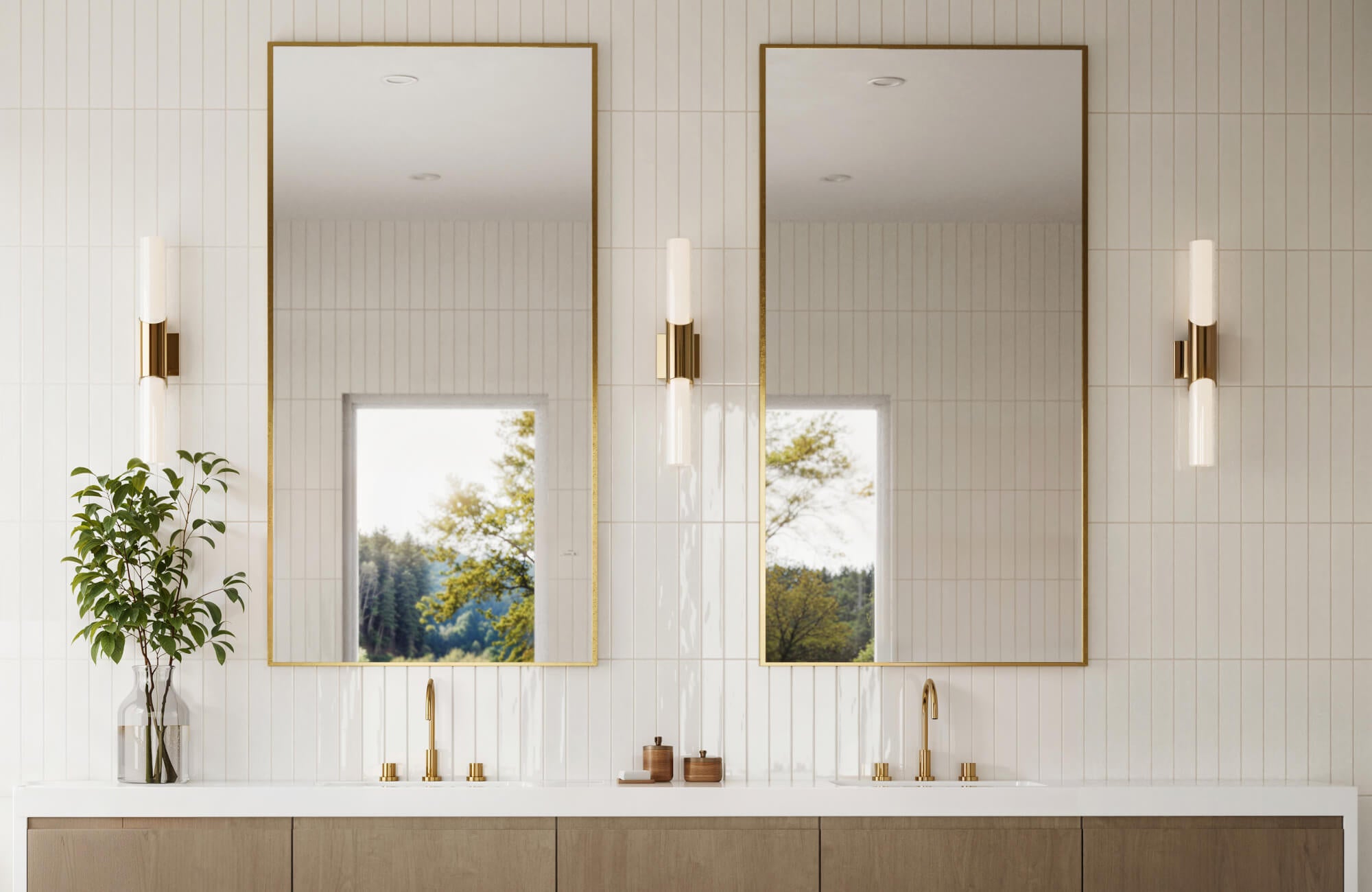 null Bright white vertical subway tiles enhance the modern laundry room, paired with warm wood accents and sleek gold fixtures for a refined touch.