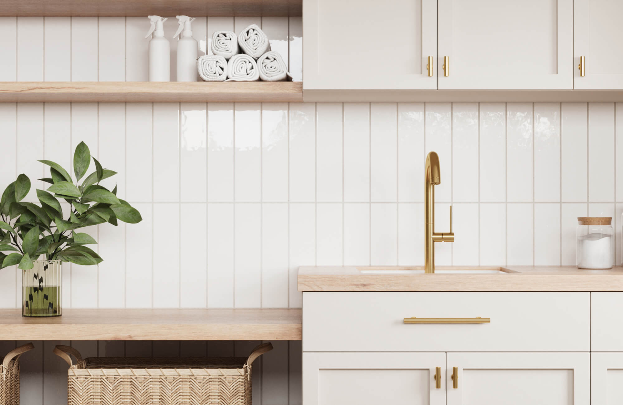 null Glossy white vertical subway tiles provide a clean, modern look, enhanced by brass fixtures and natural wood accents in this serene bathroom.