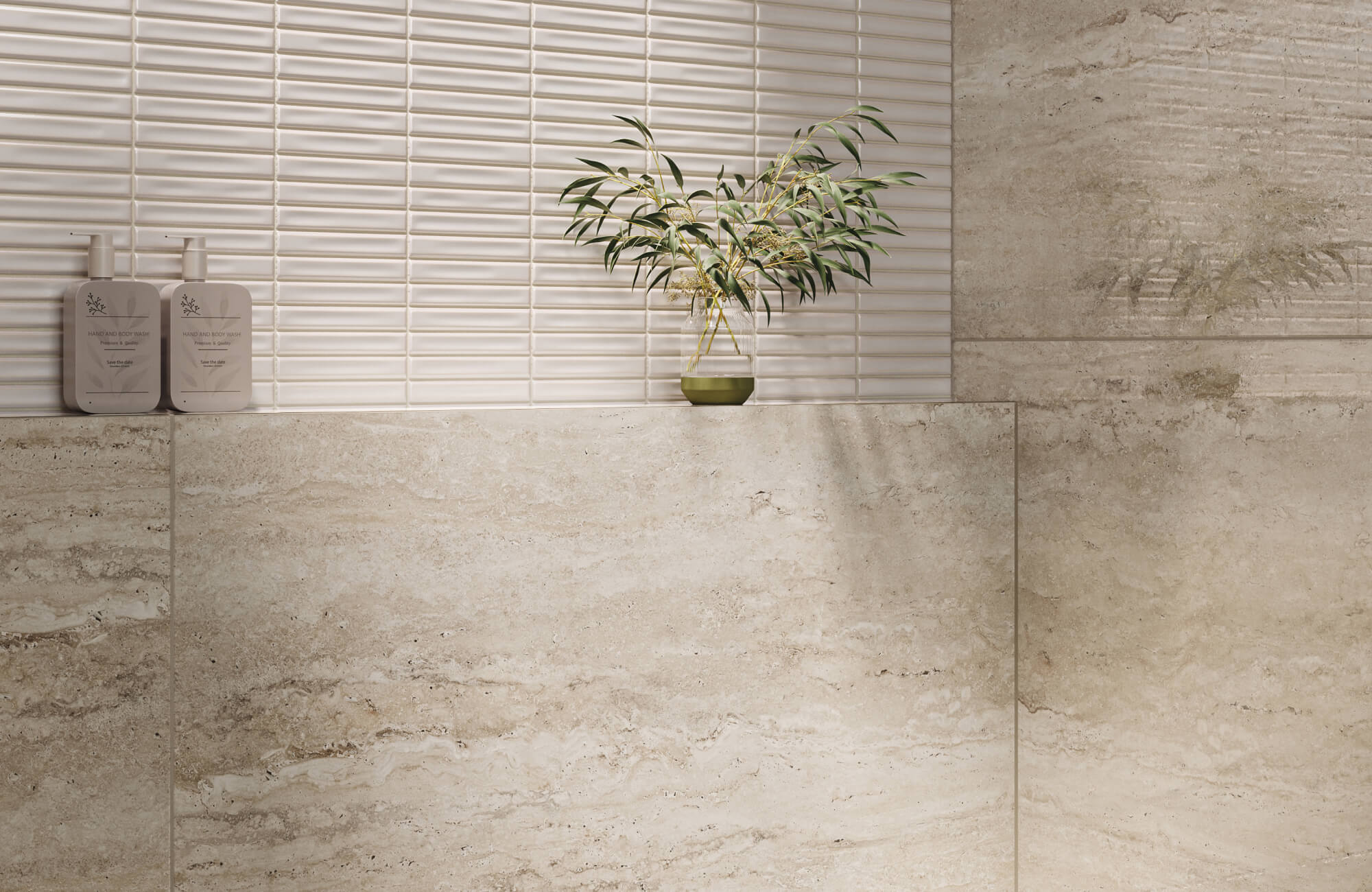 null Textured white linear wall tile above large beige stone-look slabs, styled with soap bottles and greenery for a calm bathroom setting.