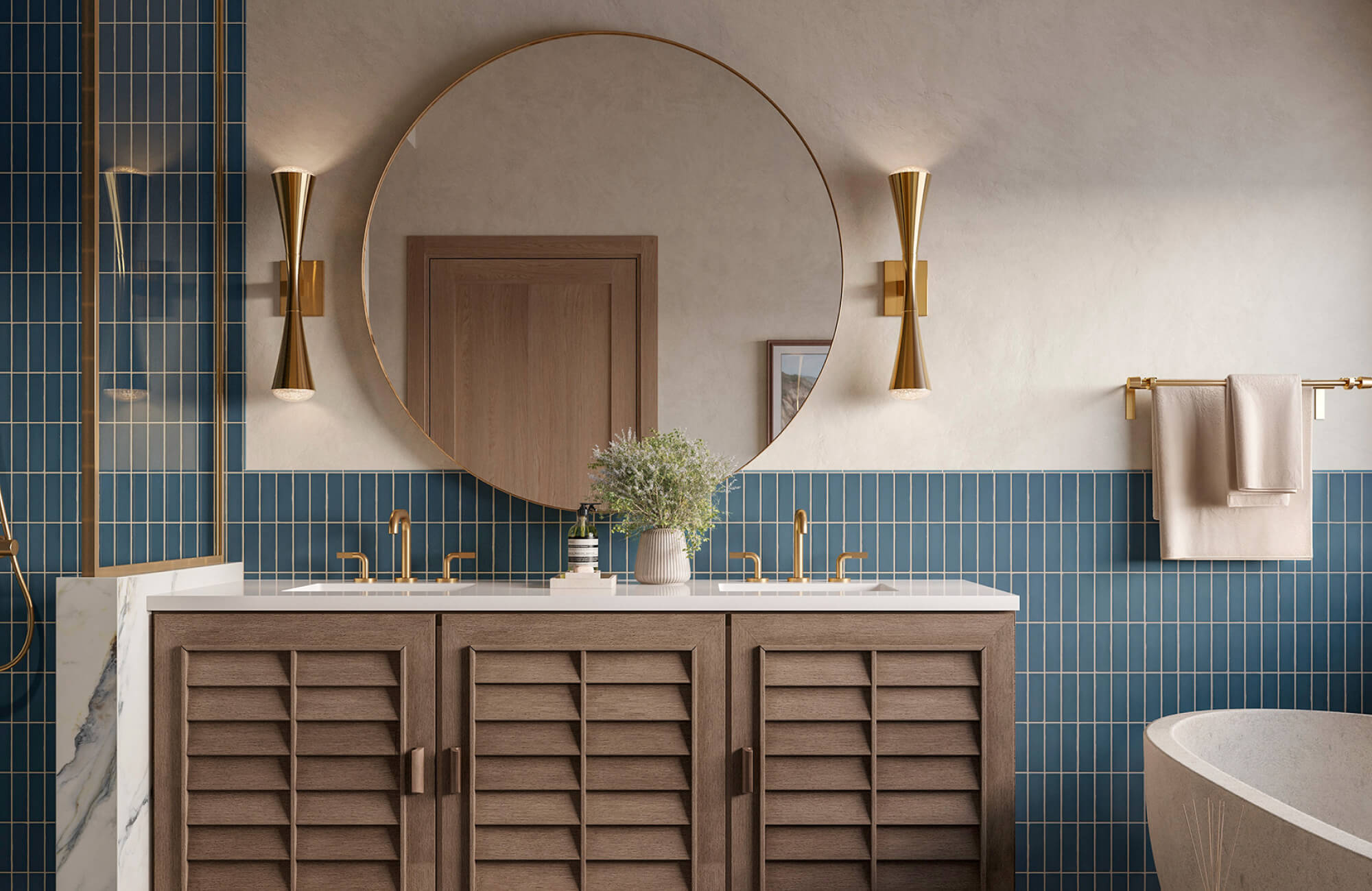 null Natural wood vanity with louvered doors, gold fixtures, and a round mirror over rich blue vertical tile.