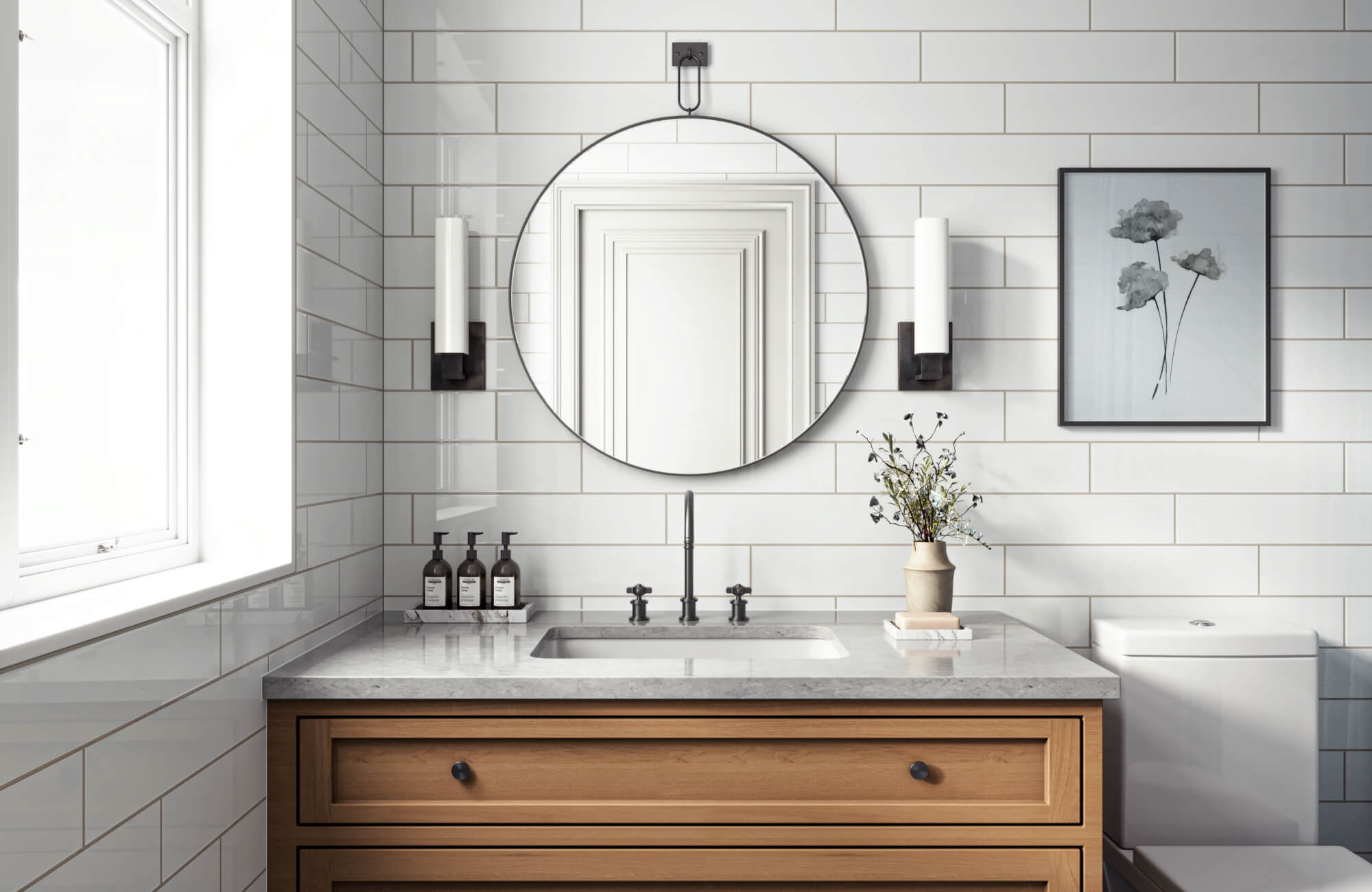 null Minimalist vanity with wood drawers, matte black fixtures, and a round mirror over white subway tiles.