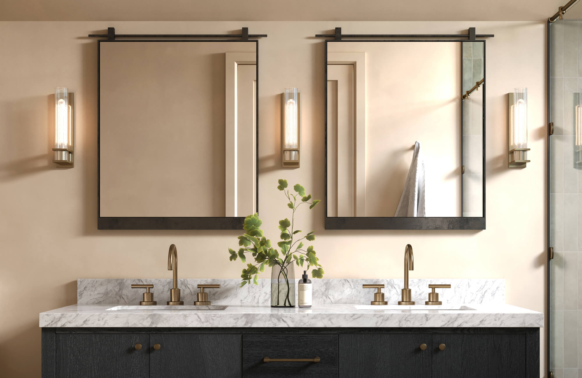 Contemporary bathroom with a dark wood double vanity, marble countertop, twin black-framed mirrors, and ribbed glass wall sconces.
