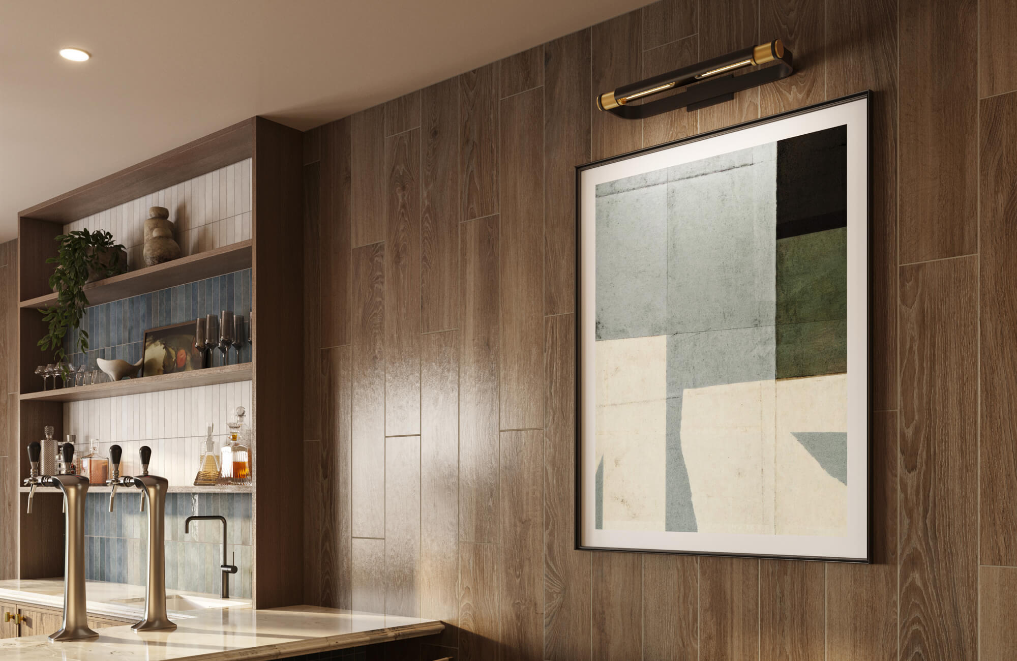 Modern bar area with wood look tile walls, a minimalist abstract artwork under picture lights, and open shelving with glassware.