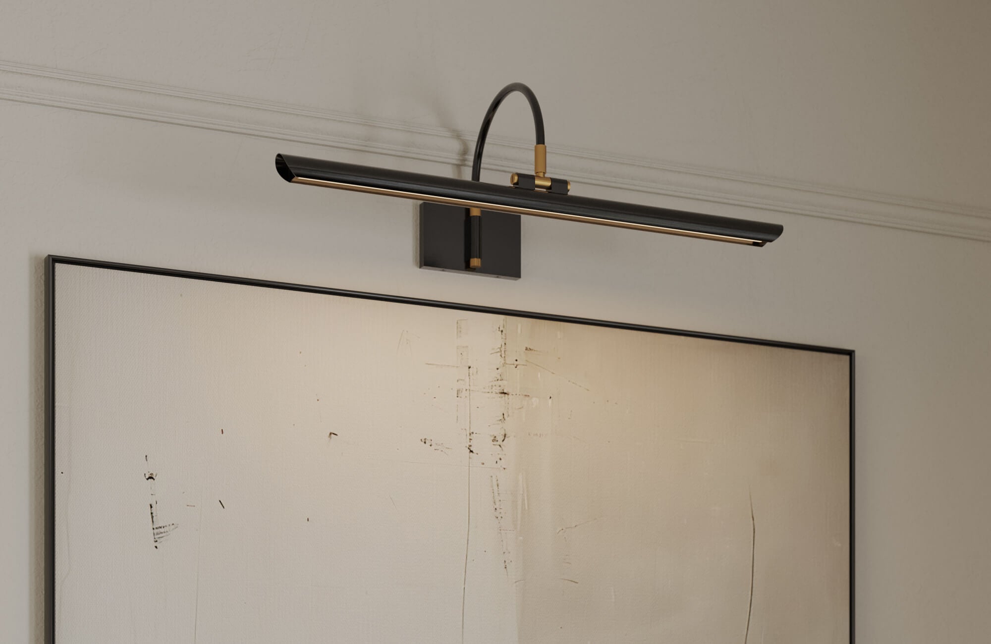 Minimalist black and brass picture light illuminating a large abstract canvas with subtle textured marks on a neutral background.