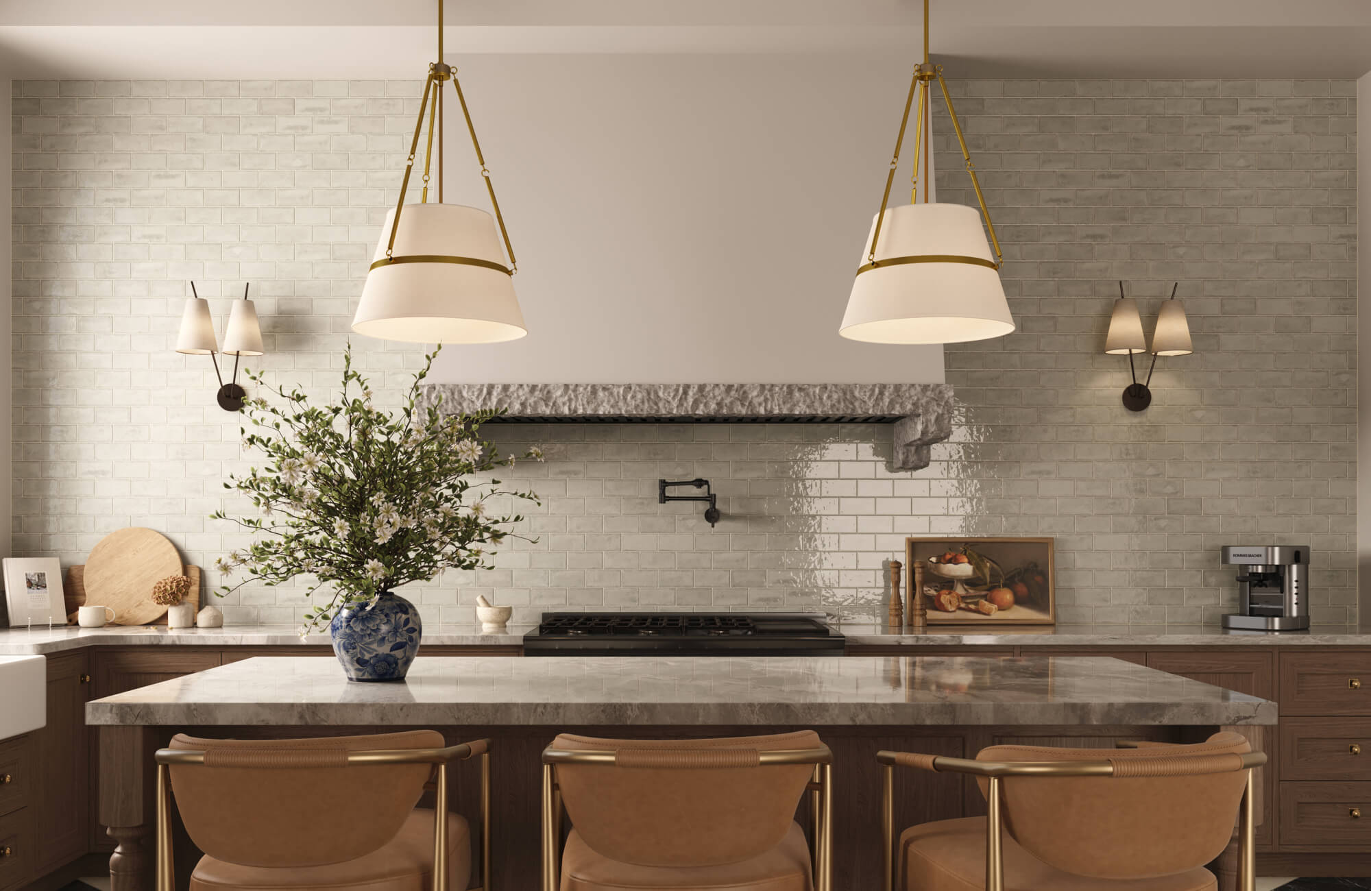 null Classic kitchen island design featuring balanced pendant lighting above a marble surface, complemented by white subway tile walls, wood cabinetry, and tan leather stools.