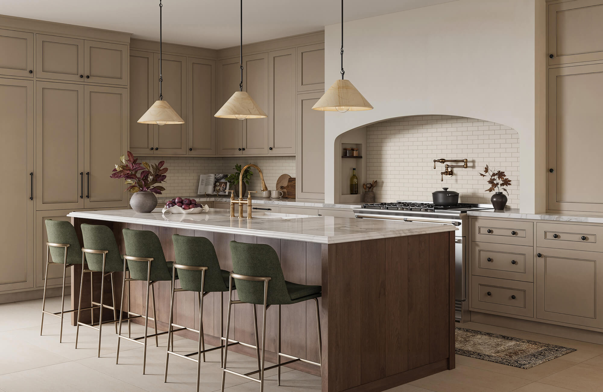 null Spacious kitchen island with balanced pendant lighting above a marble countertop, styled with muted cabinetry, an arched cooking niche, and slim green bar stools for a cohesive look.