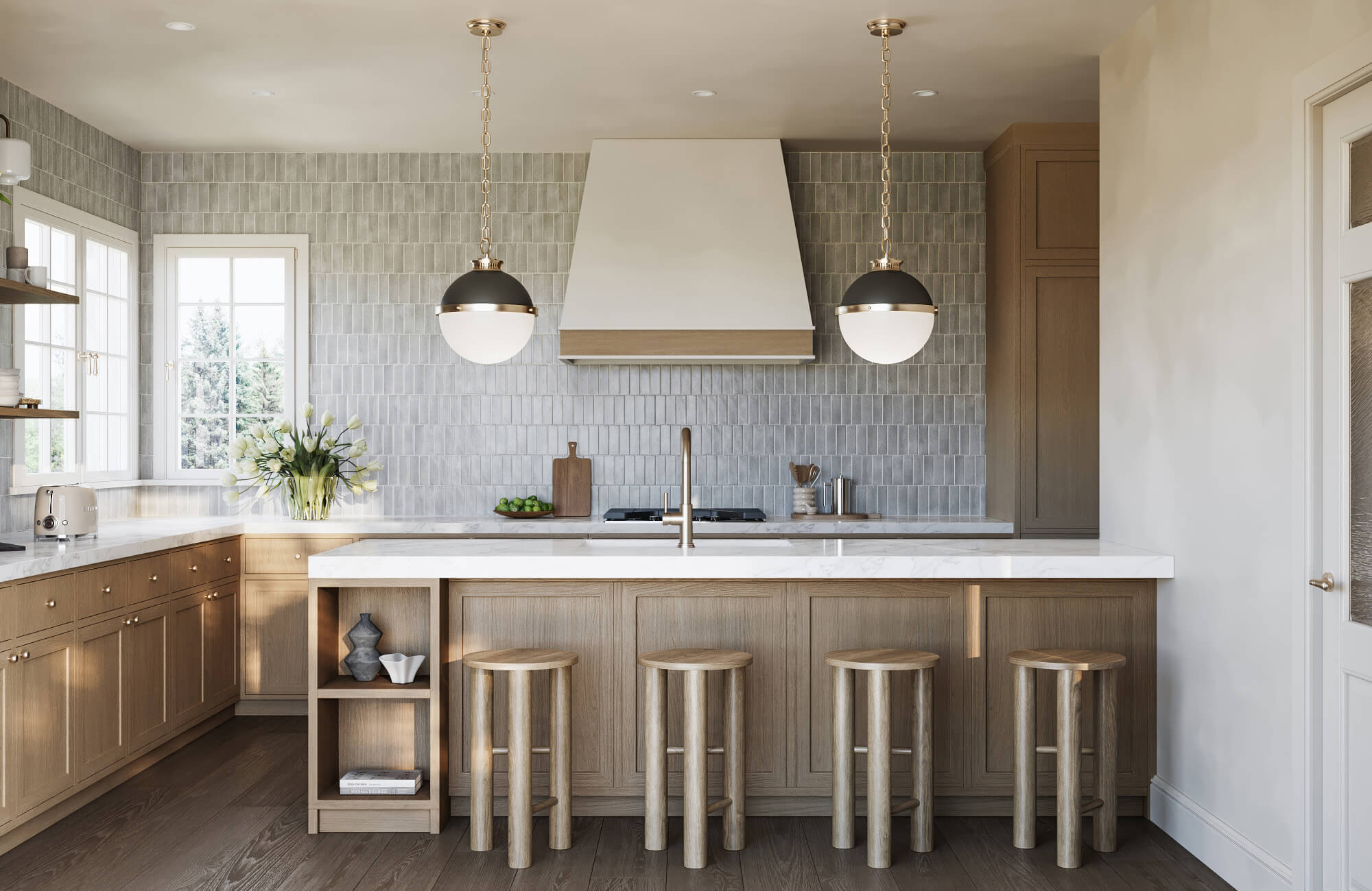 null Bright kitchen island design with balanced pendant lighting above a white countertop, complemented by light oak cabinetry, minimal decor, and a subtle gray tiled wall.