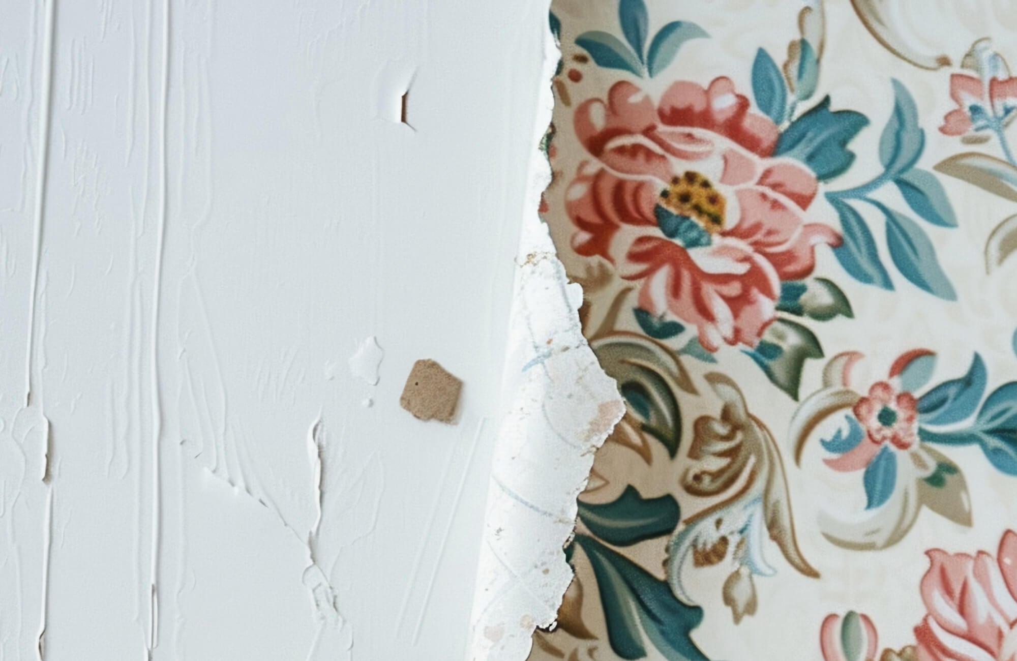 null Peel and stick wallpaper partially removed from a wall, revealing adhesive and an older floral wallpaper layer underneath.