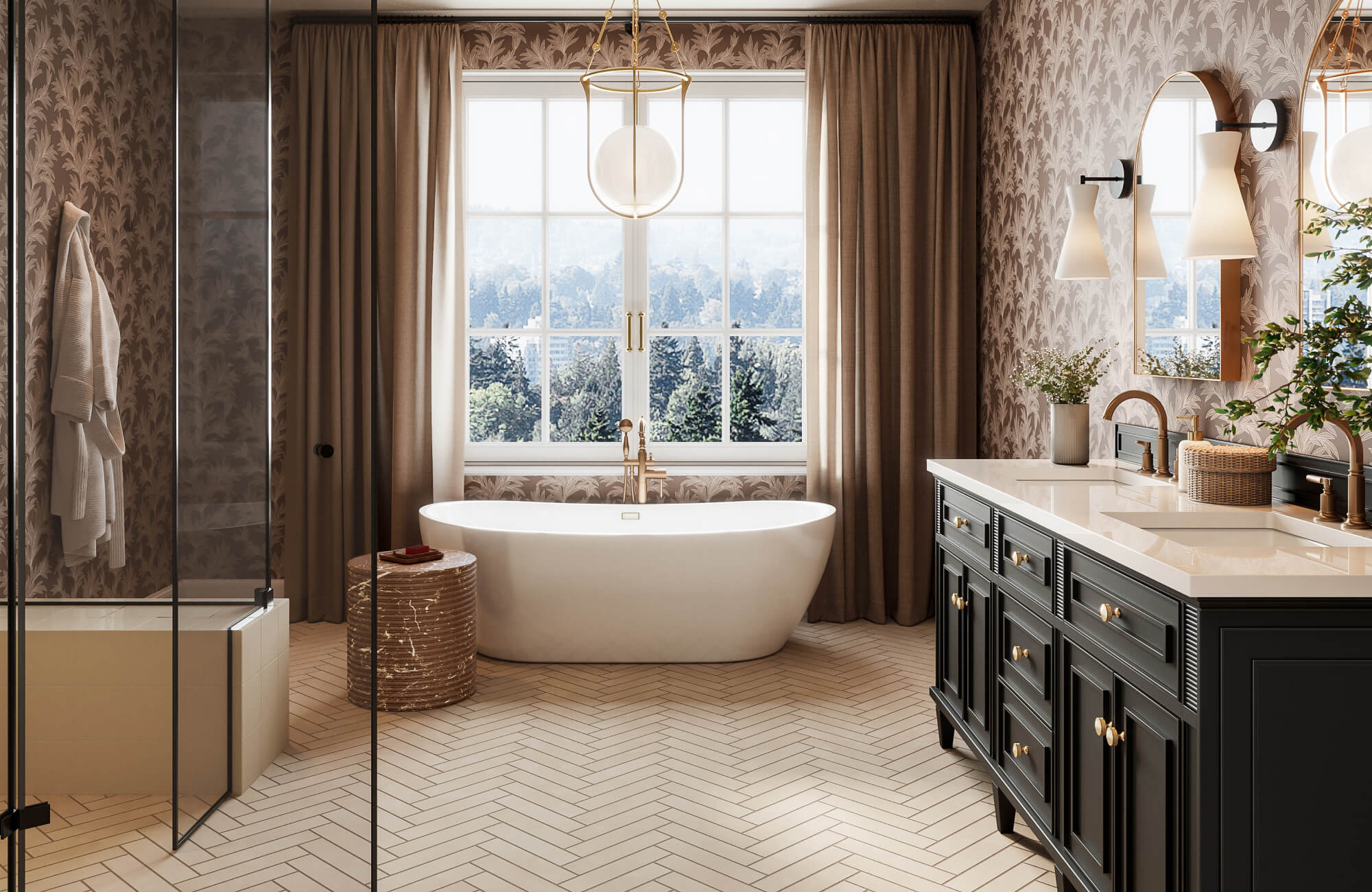 null Wallpaper with subtle botanical pattern enhancing a warm, modern bathroom with a freestanding tub and dark vanity.