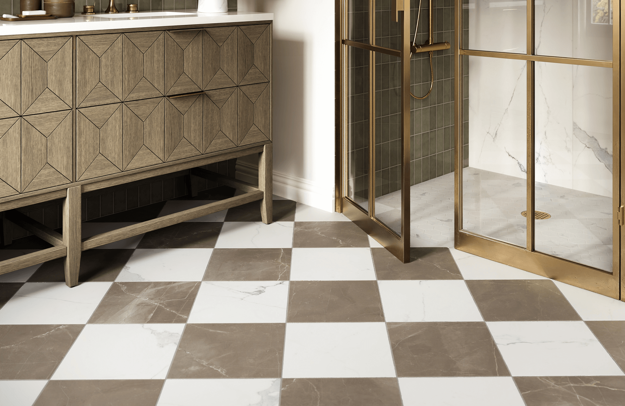 null Elegant checkerboard floor tiles in polished brown and white marble bring bold contrast to this refined, brass-accented bathroom.