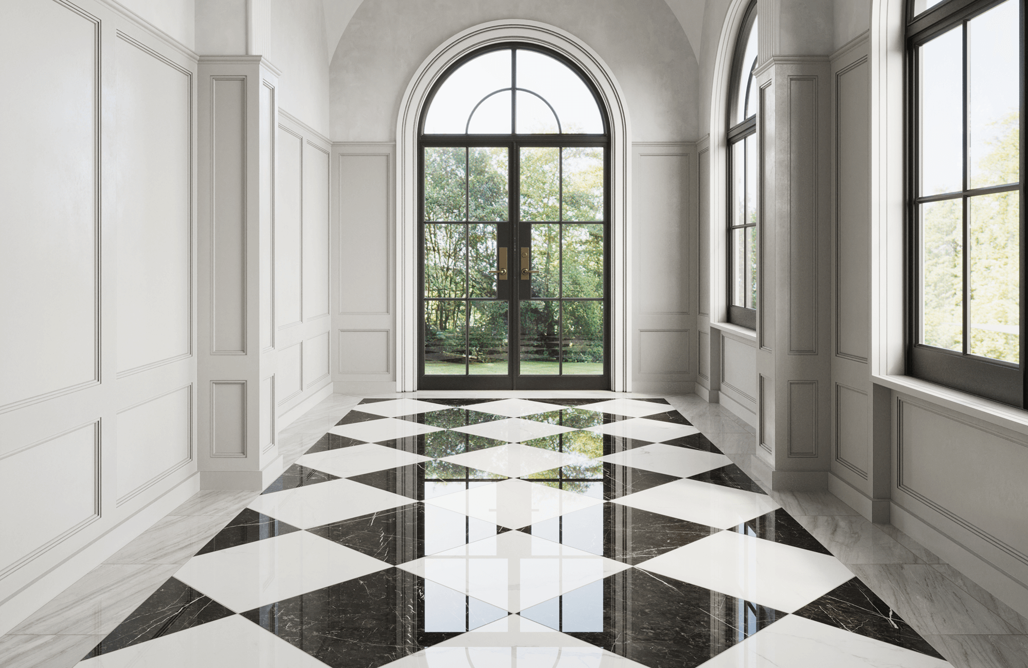 null Grand hallway with glossy black and white marble look tiles in a bold checkerboard pattern, framed by classic molding and arched windows.