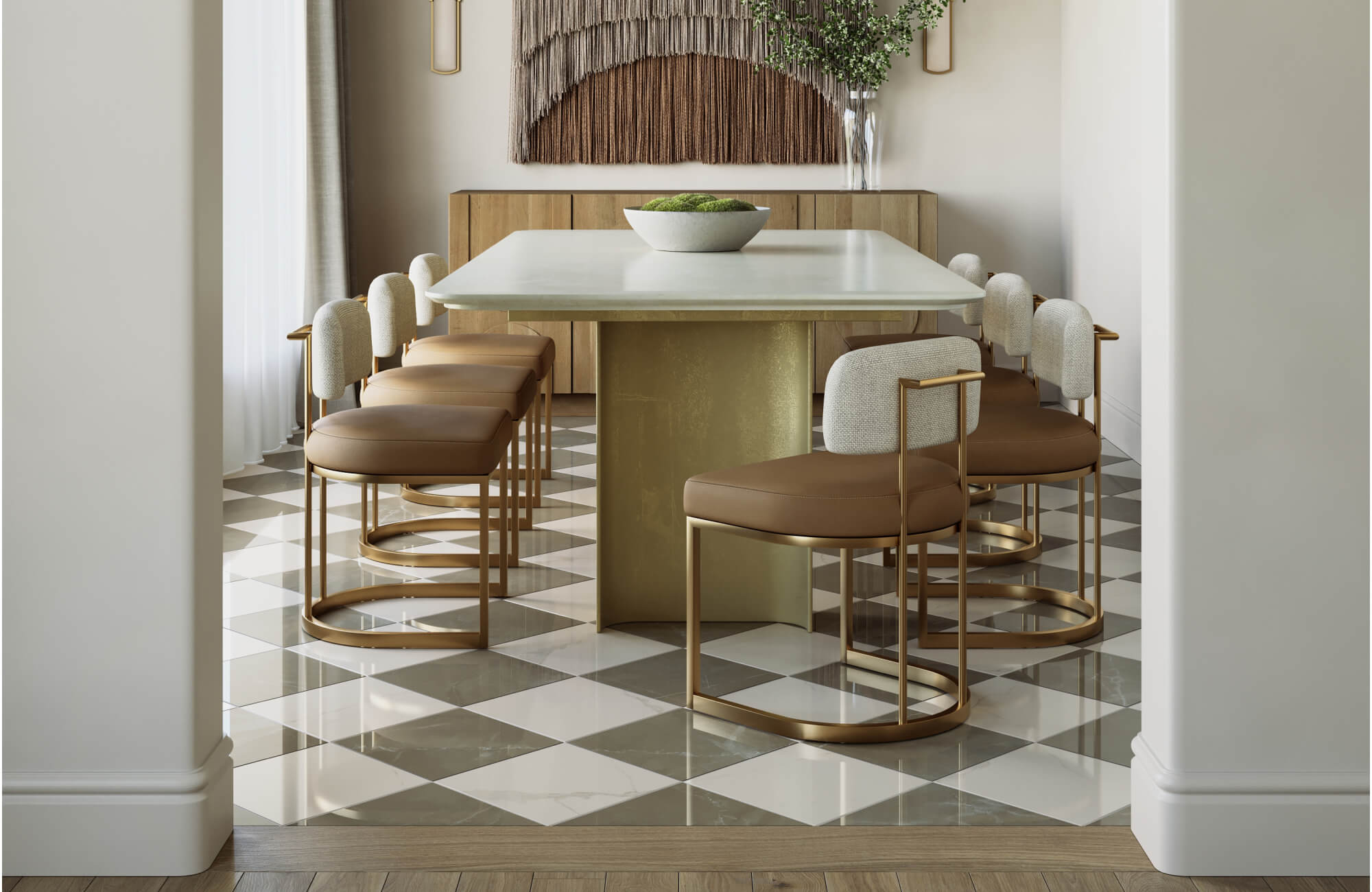 Moody, elegant dining room showcasing a refined dining room table set with a dark wood table, upholstered armchairs and side chairs, layered under a sculptural glass chandelier and set against deep green walls.