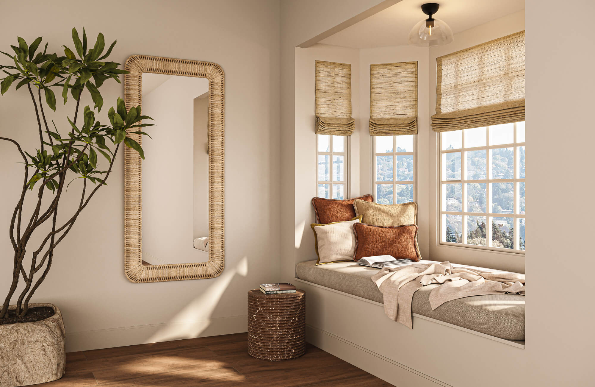 null Cozy window seat with layered decorative pillows in warm earth tones beside a woven mirror and indoor plant.