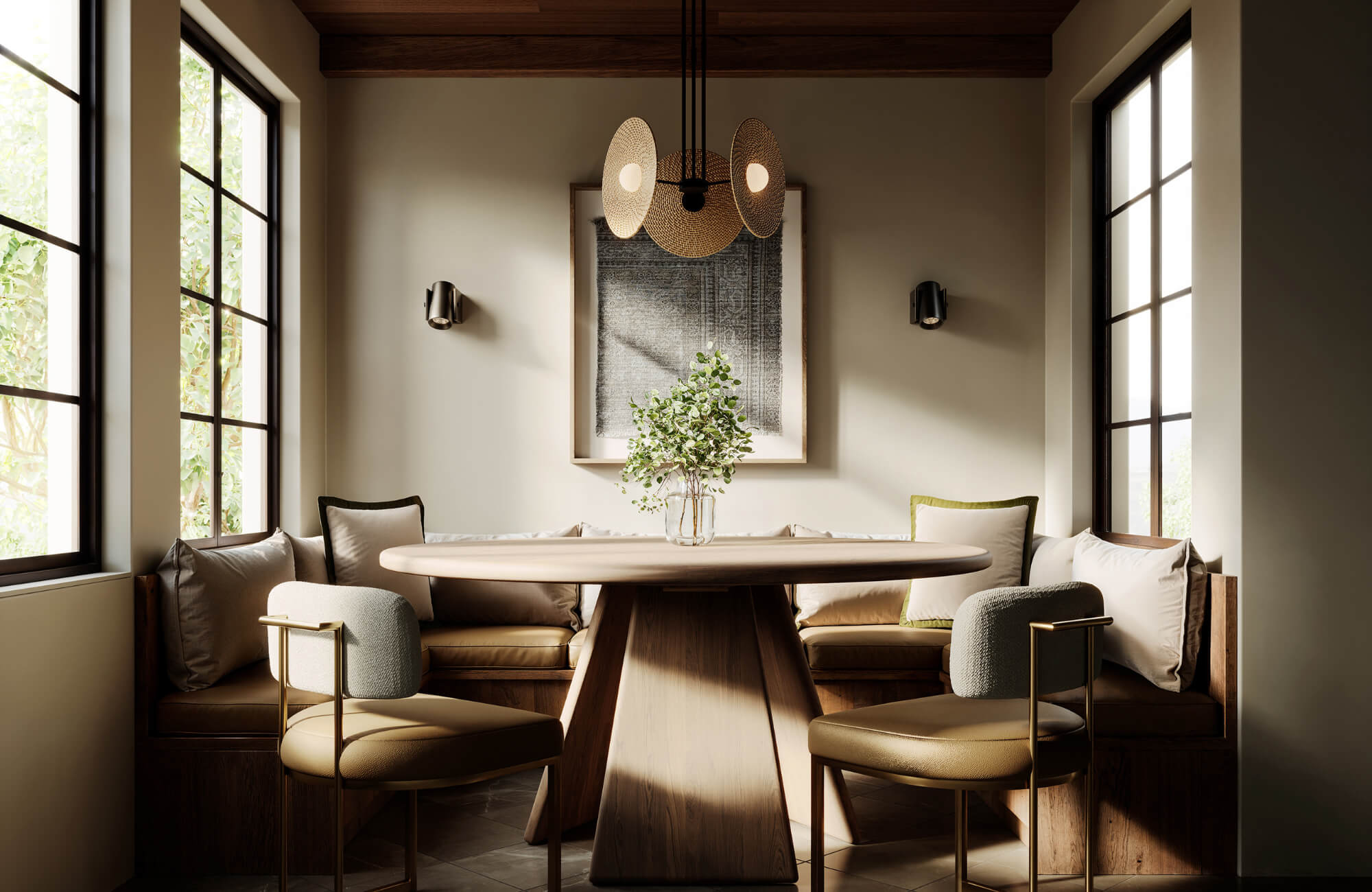null Modern dining nook with built-in bench seating styled with neutral decorative pillows under sculptural pendant lighting.