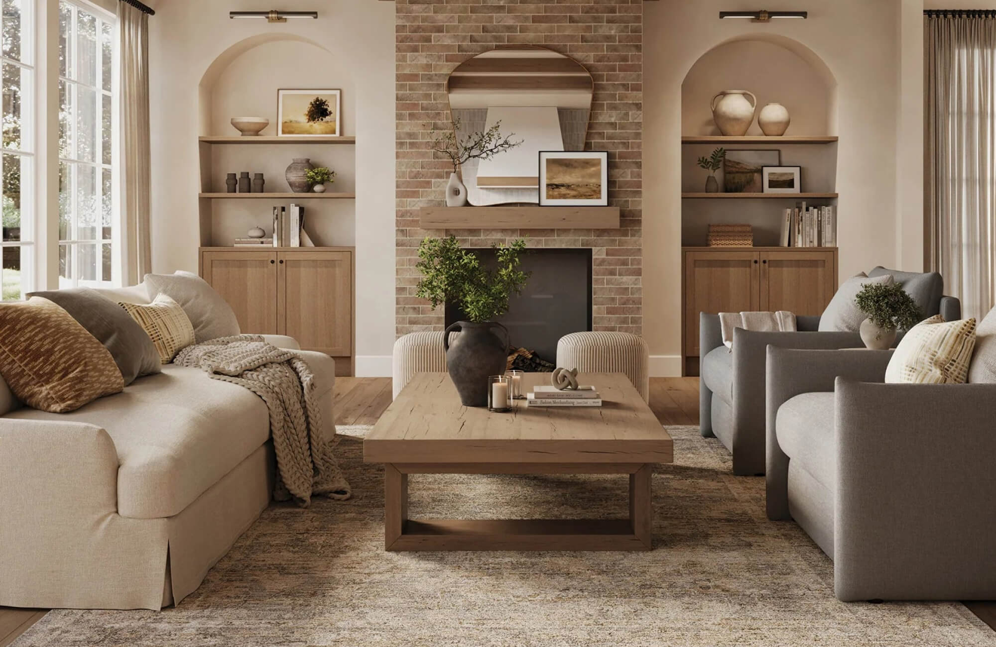 null Traditional living room sofa styled with five pillows, layered symmetrically for a structured feel.