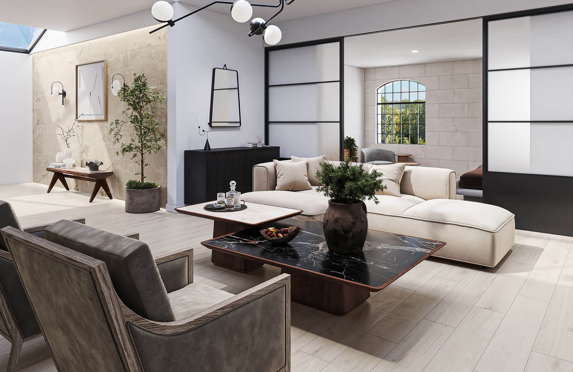 null Modern sectional featuring three tonal pillows, spaced to maintain visual balance and comfort.