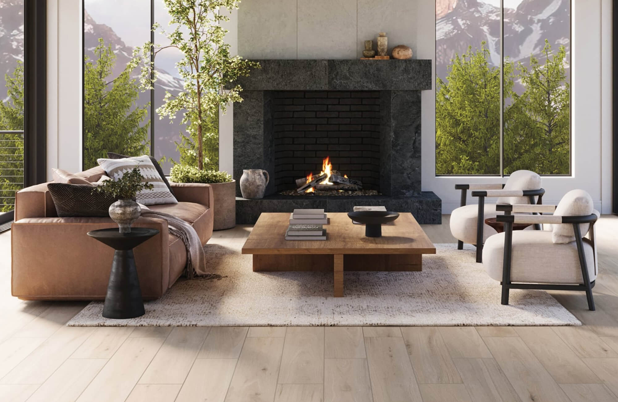 null Contemporary sofa styled with two patterned pillows on one end, leaving open seating space.