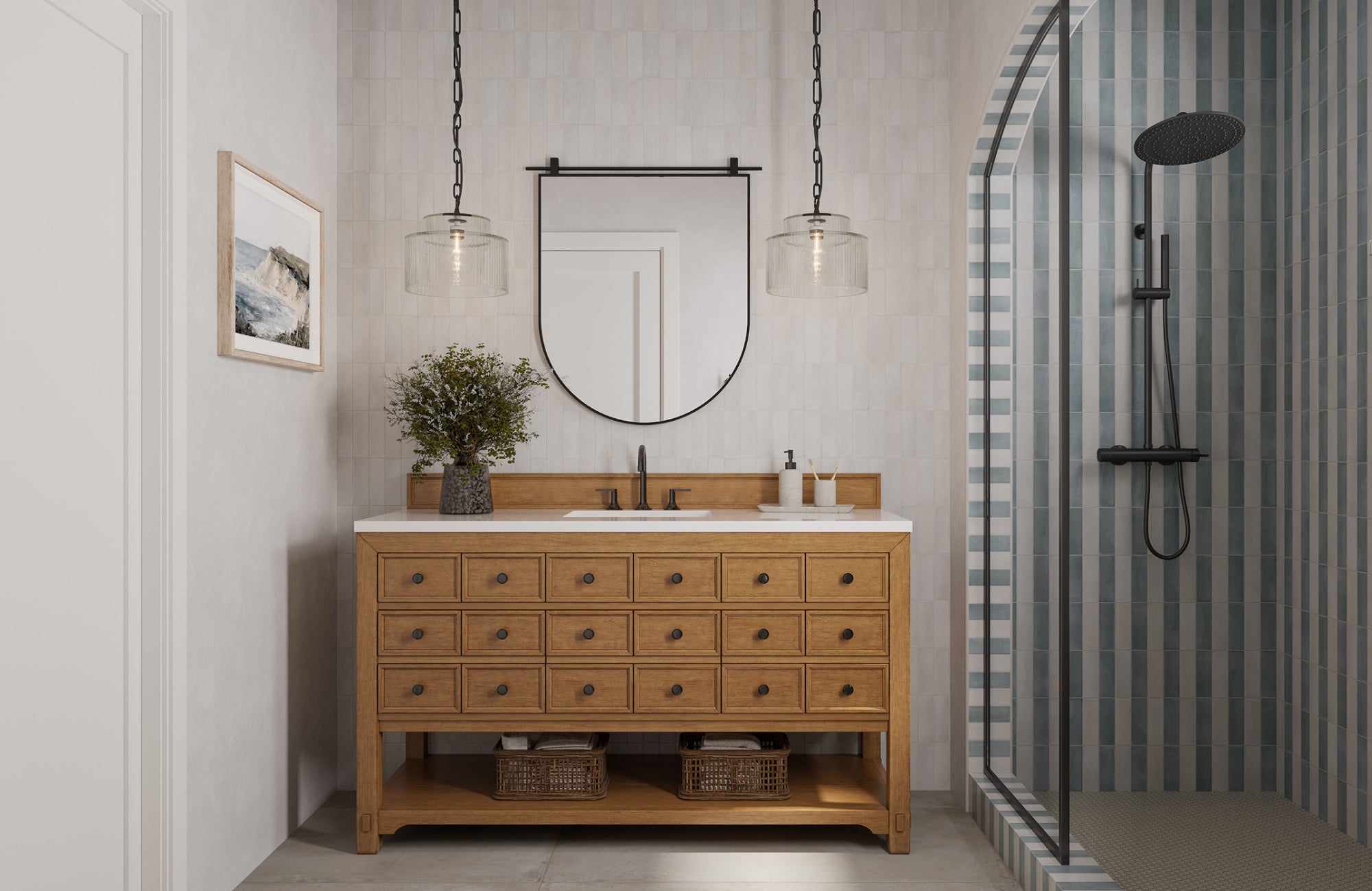 Single vanity with two pendant lights above the mirror, offering even lighting for a compact bathroom setup.