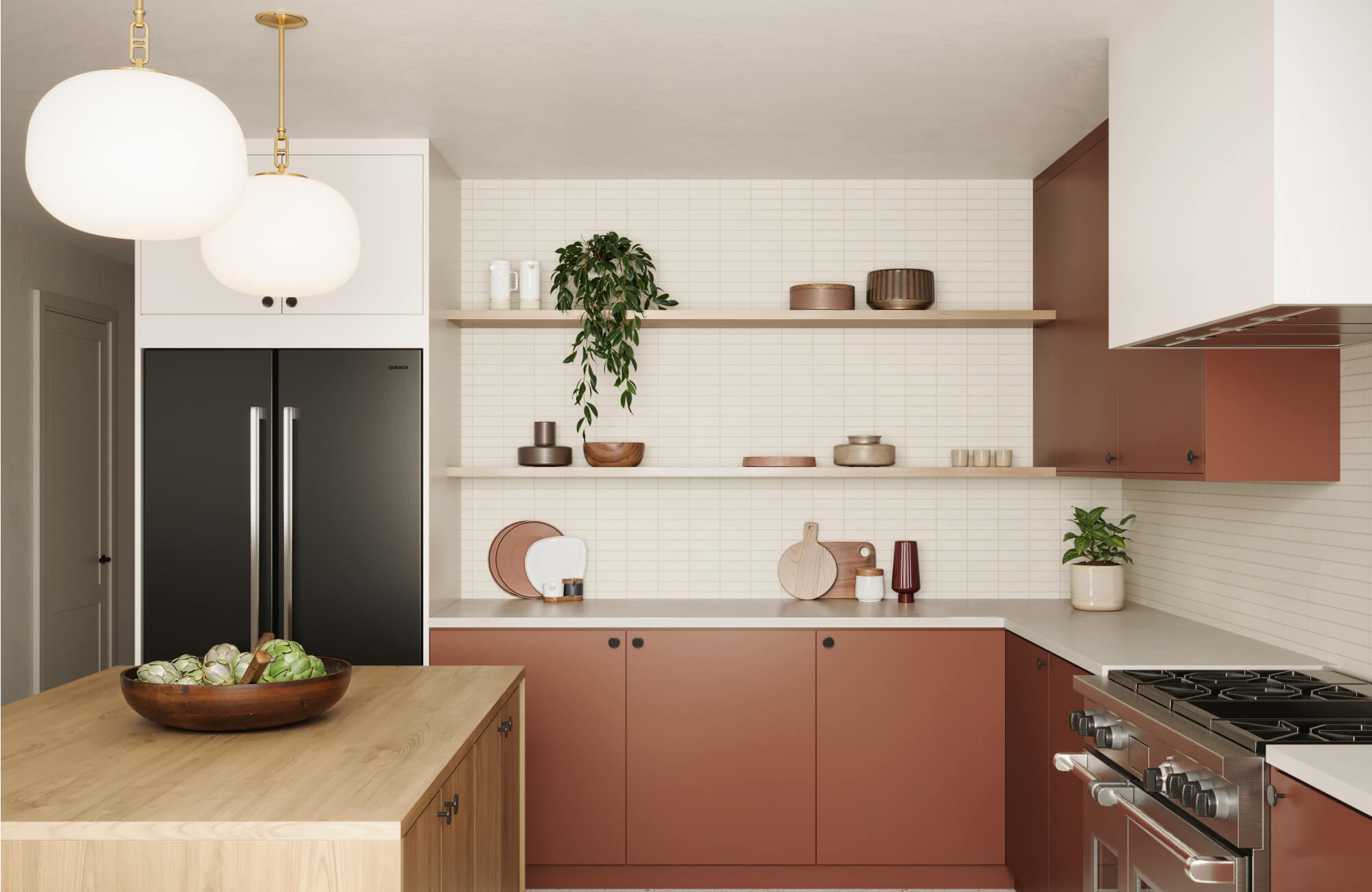 null Frosted globe pendant lights with gold accents illuminate a modern kitchen with terracotta cabinets and a white grid tile backsplash.