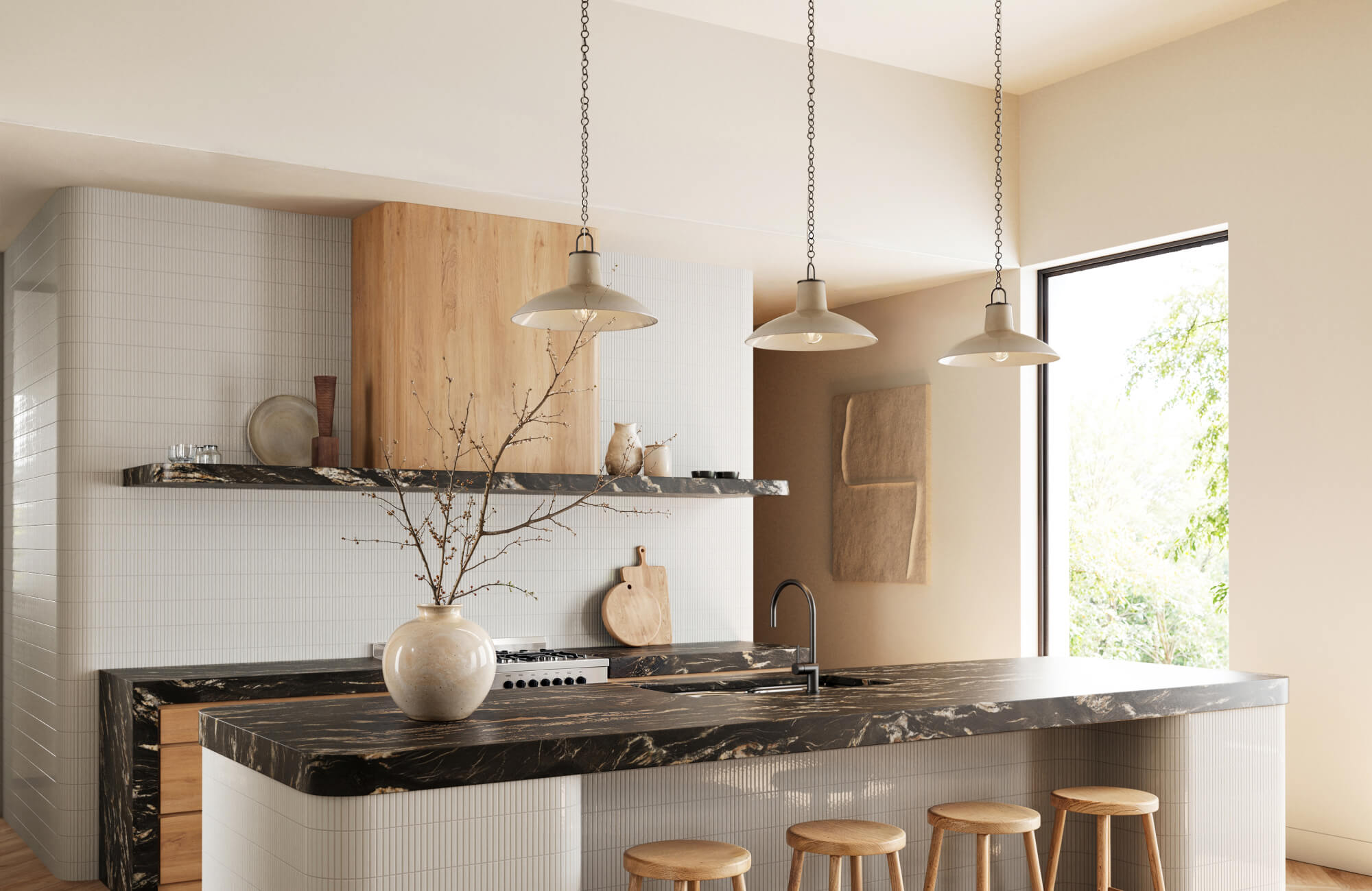 null Industrial-style pendant lights hang above a dark marble island, accented by soft white grid tile backsplash and warm wood cabinetry.
