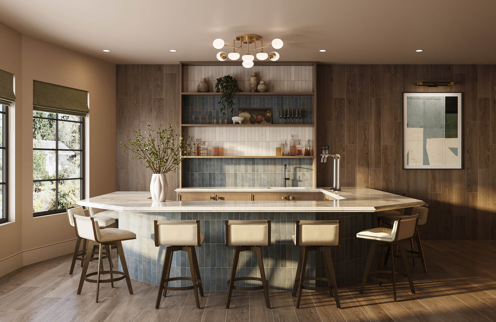 Large kitchen island with six stools arranged for everyday dining and shared meals.