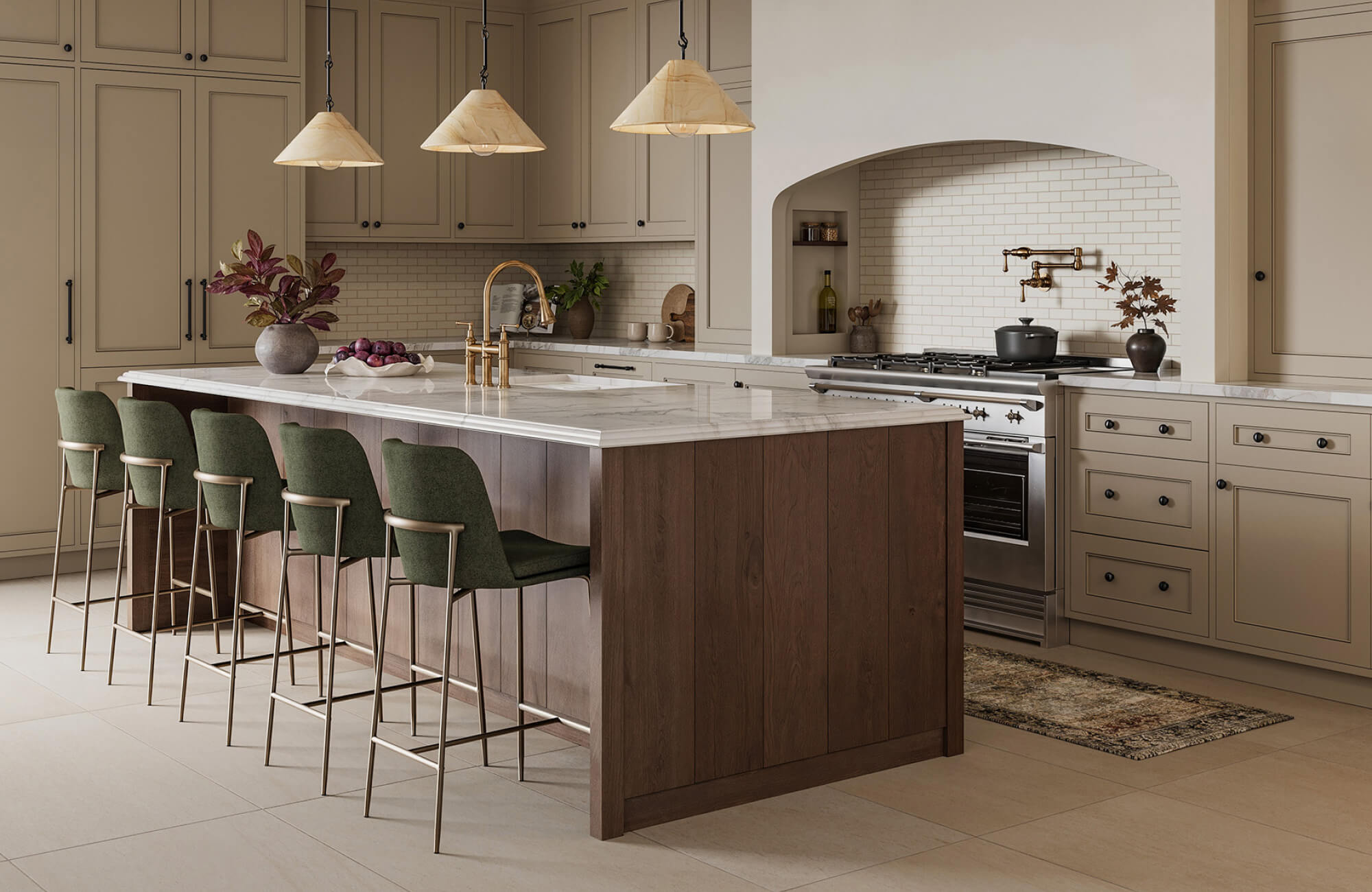 Extended kitchen island with four stools placed along one side for comfortable, well-spaced seating.