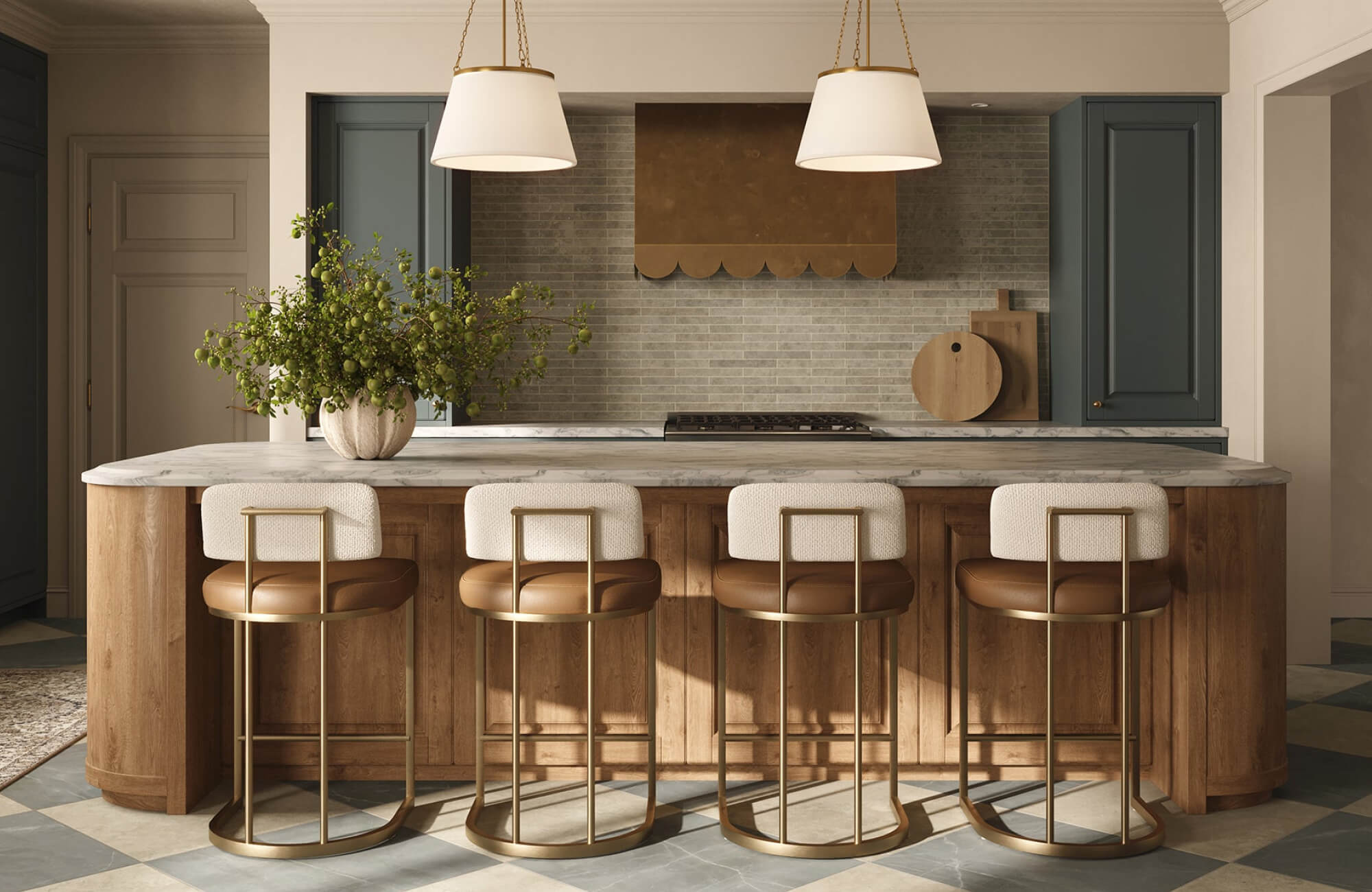 Kitchen island with four stools evenly aligned, illustrating proportional seating for a substantial island.
