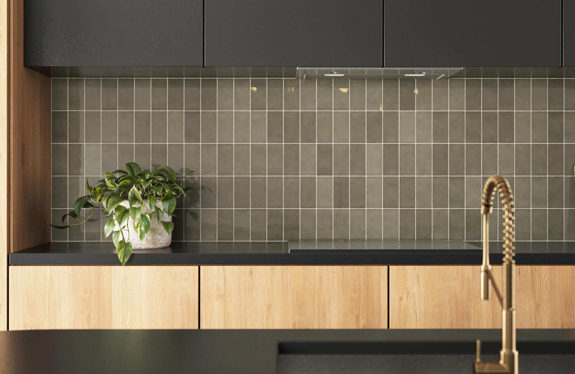 null Contemporary backsplash design featuring earthy green tiles, paired with natural wood cabinets and a brass faucet.