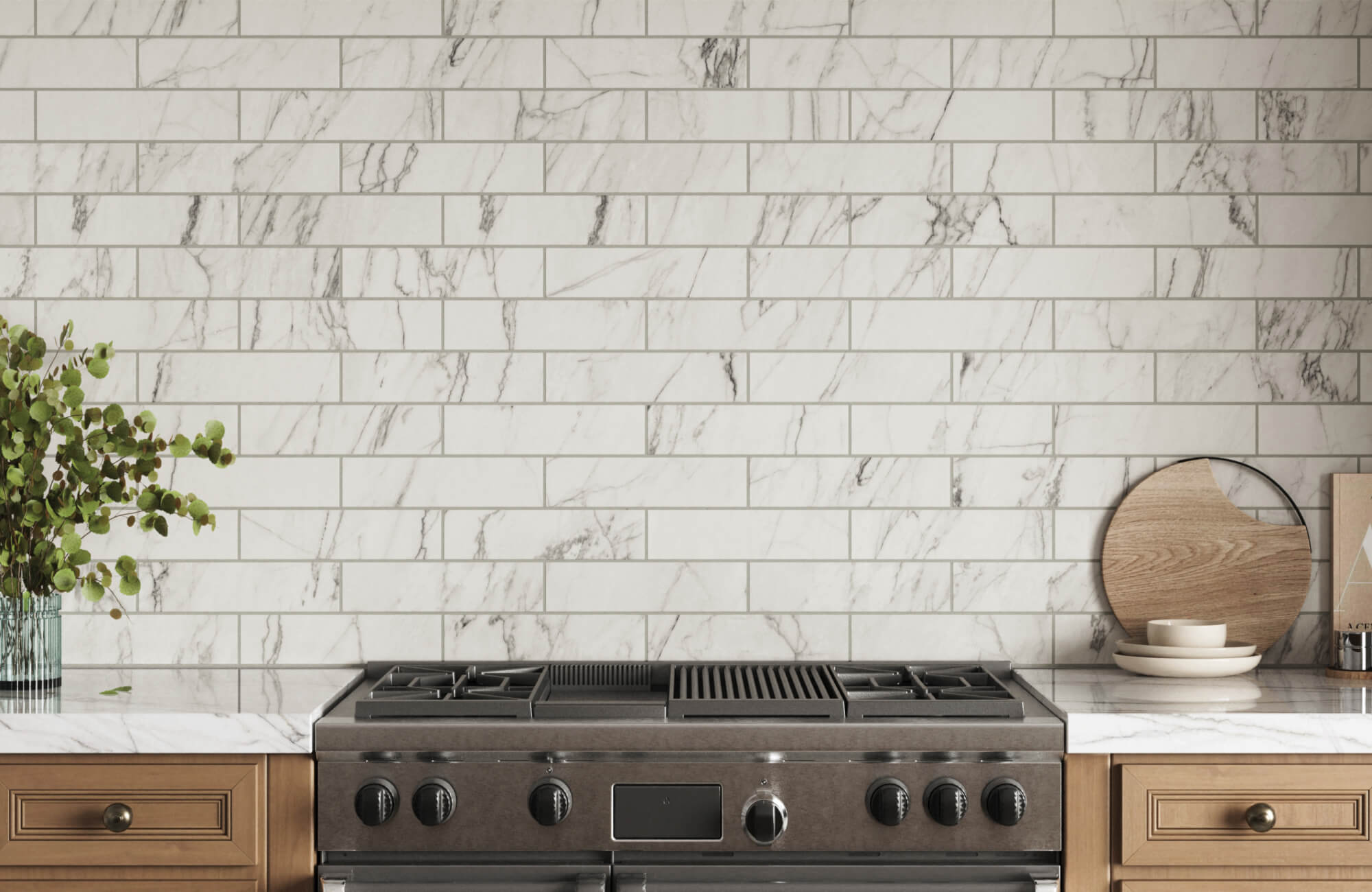 null Modern kitchen featuring marble-inspired backsplash tiles in a subway layout, contrasted with warm wood drawers and a gas stove.