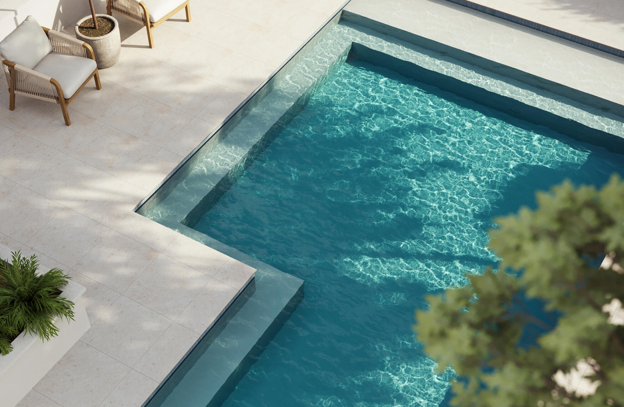 null Elegant pool with sleek light gray pool tile, reflecting shimmering blue water and surrounded by a minimalist patio for a modern luxurious feel.