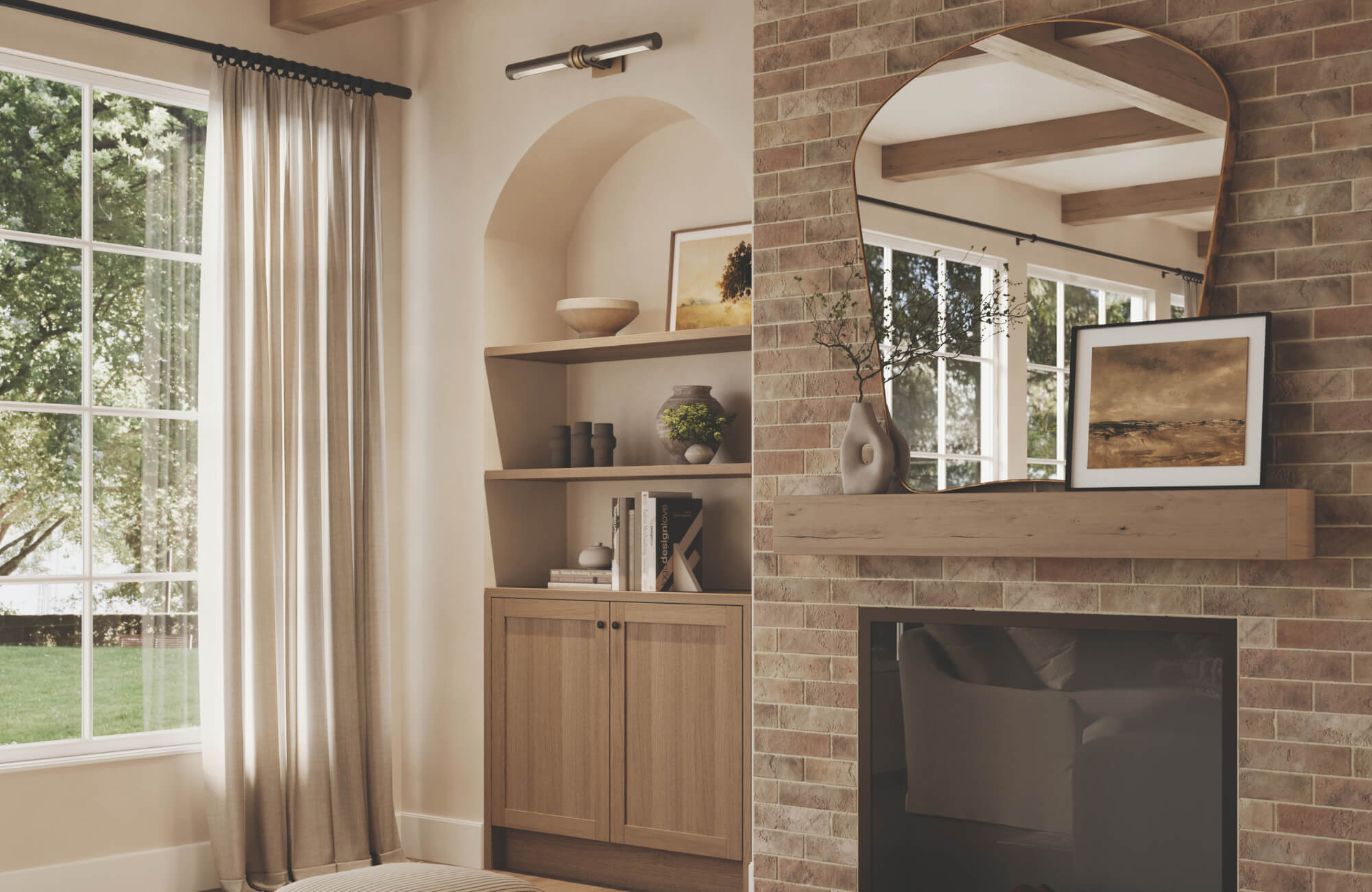 null Living room fireplace with an arched mirror mounted above a wood mantel, highlighting ideal clearance and alignment with architectural elements.