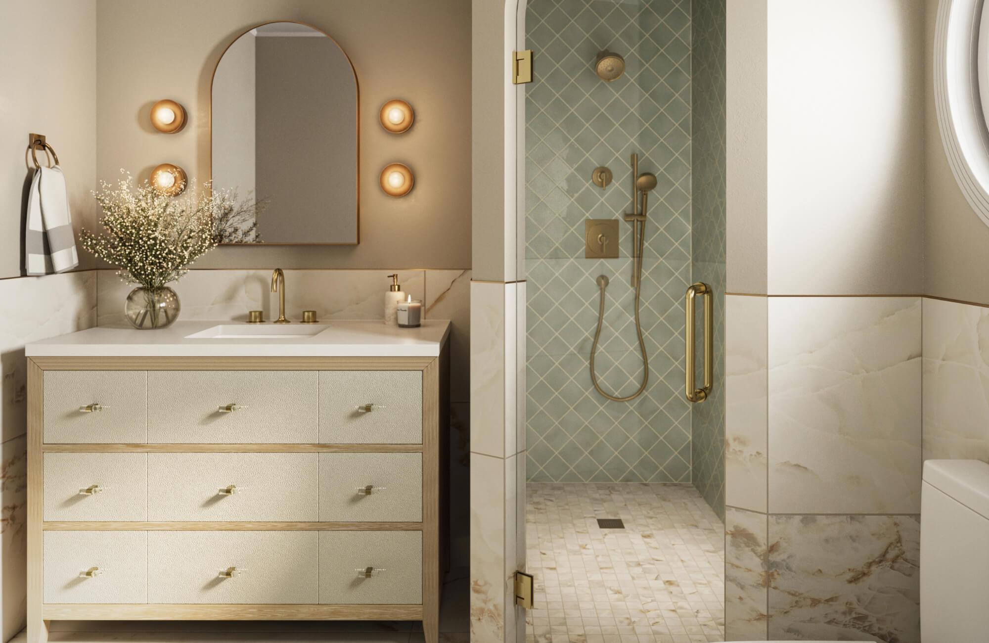 null Bathroom vanity with an arched mirror and flanking round sconces, illustrating balanced wall space and visual symmetry around the mirror.
