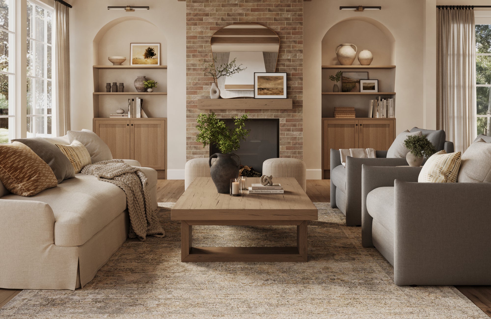 null Warm living room with natural light, wood accents, and a neutral rug emphasizing balanced rug care and maintenance.