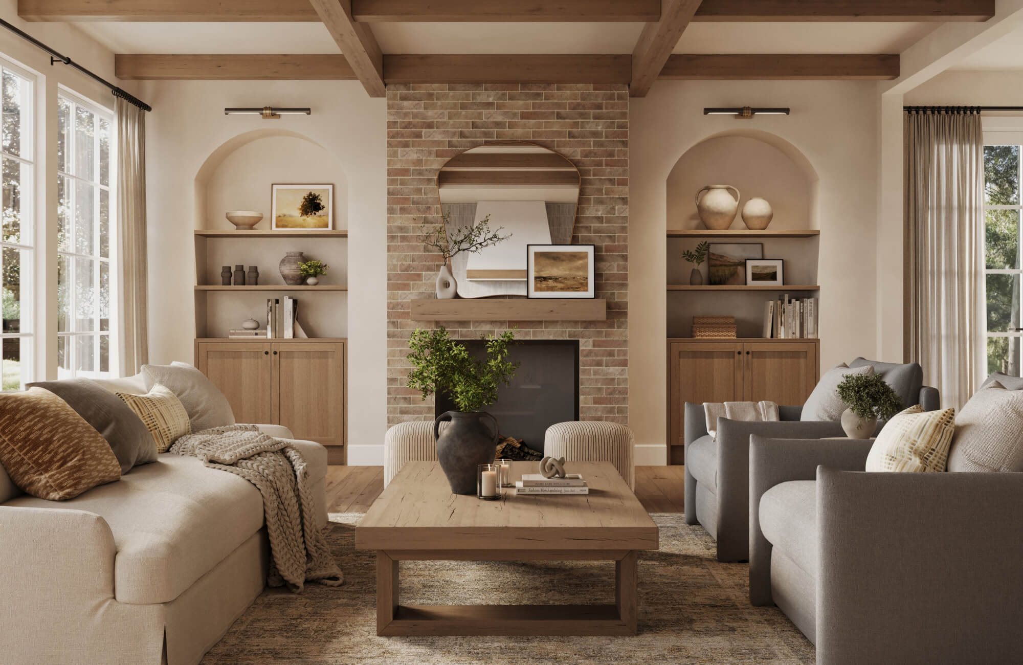 Warm neutral living room with textured accent pillows, exposed wood beams, brick fireplace, and layered organic finishes.