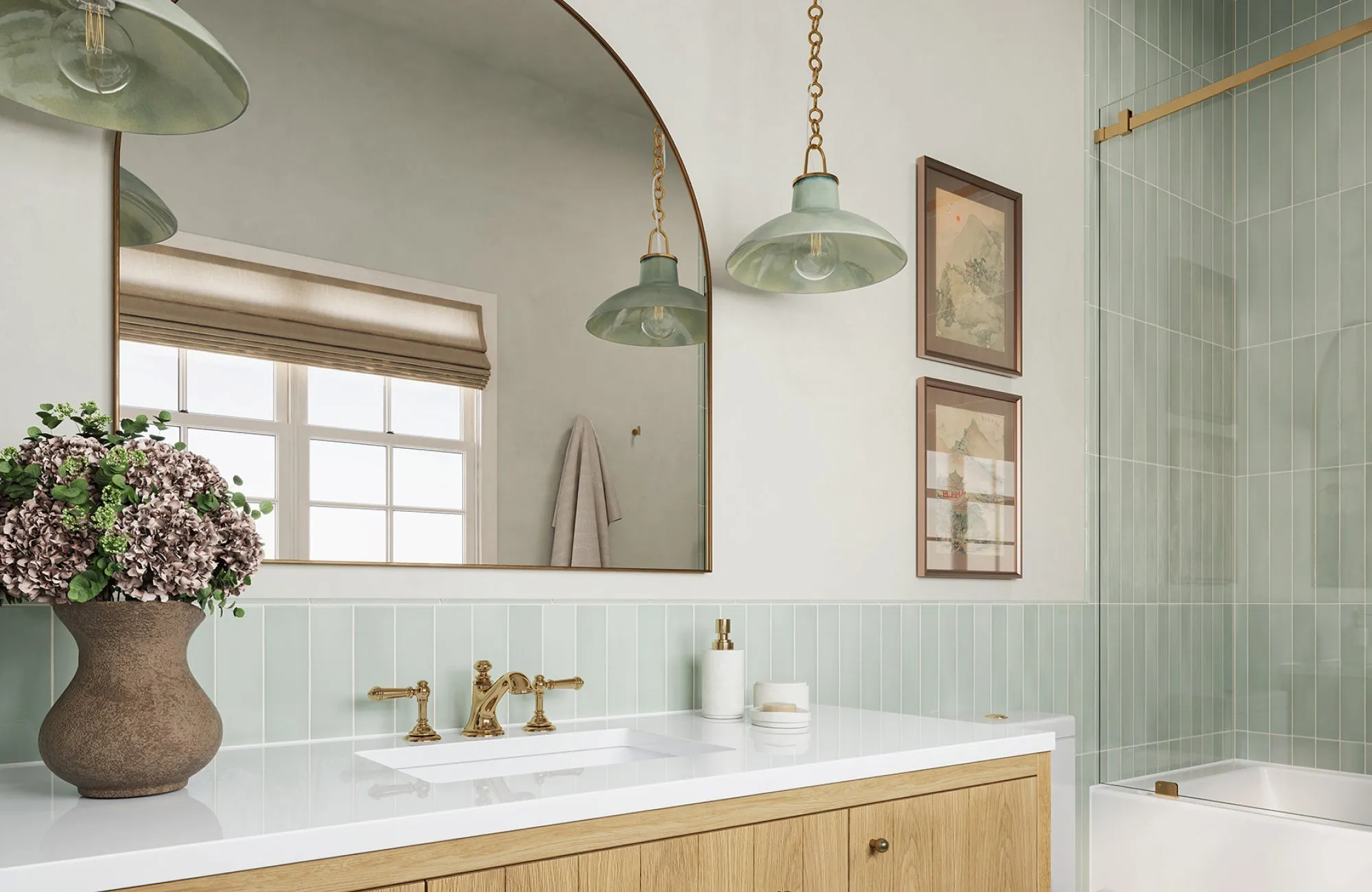 A light, airy bathroom with vertical backsplash tiles showing how backsplash height enhances wall proportion.