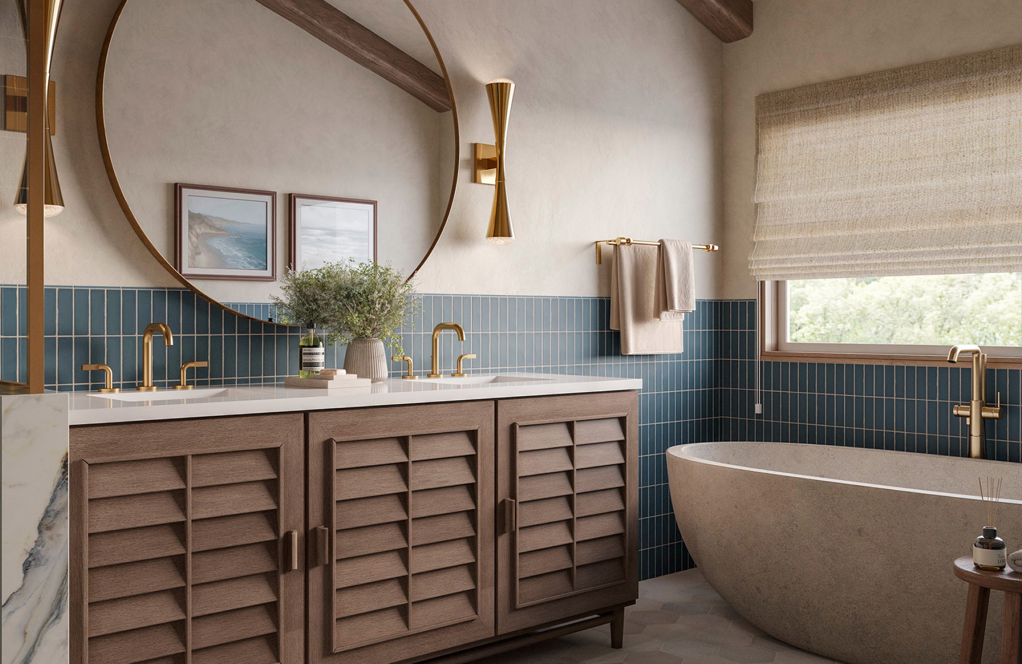 A warm bathroom with mid-height blue backsplash tiles balancing vanity height and wall space beautifully.