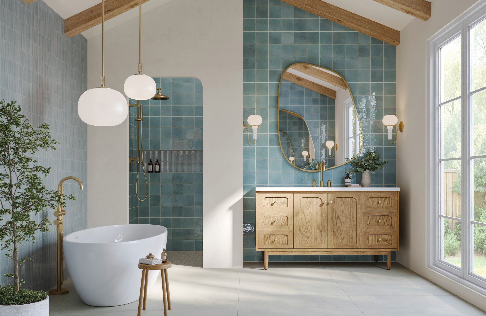 A modern bathroom with a full-height backsplash illustrating a seamless, continuous tile wall design.